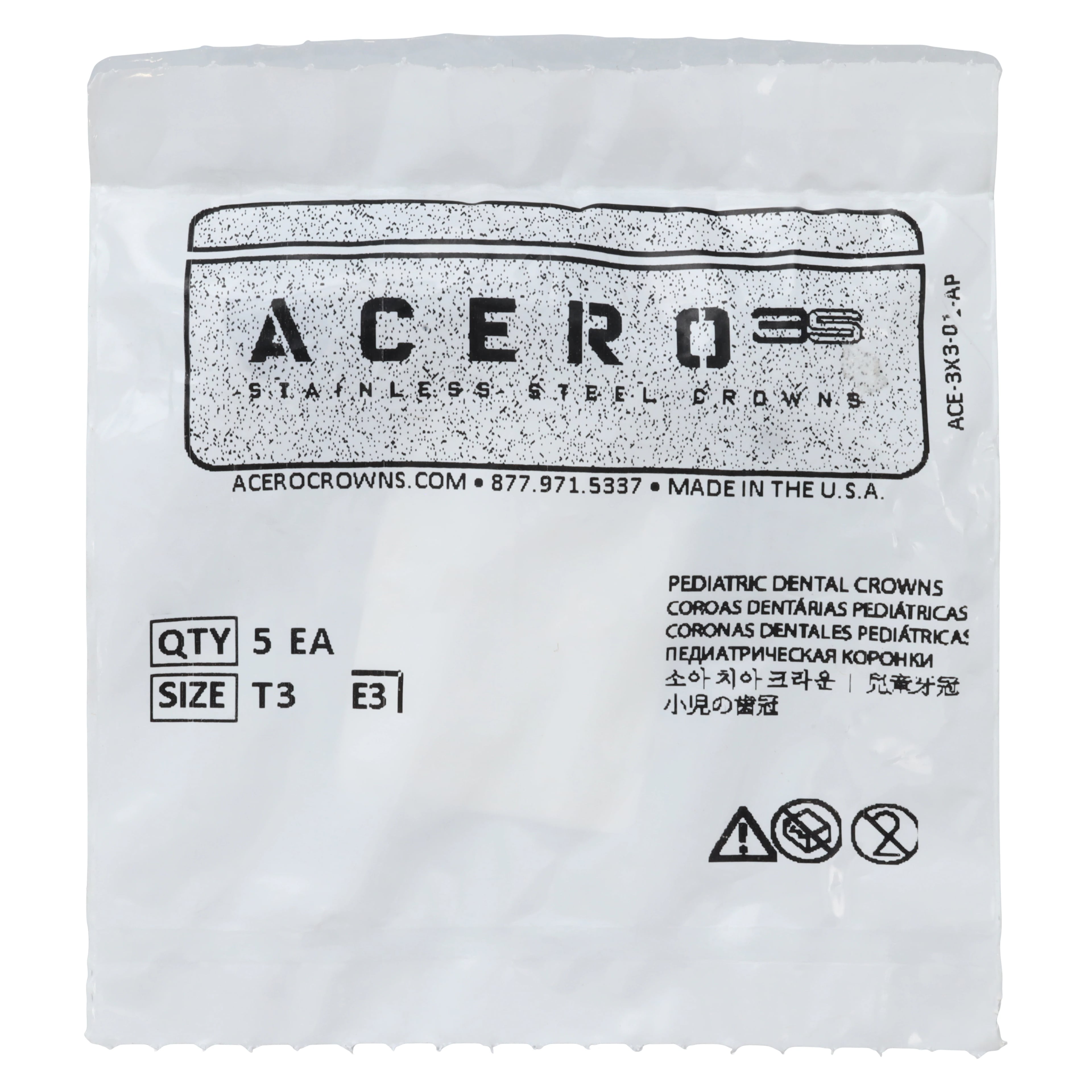 Acero 3S Stainless Steel Primary Molar Crown, Lower Right Second Molar (T), Size 3, 5/Pack