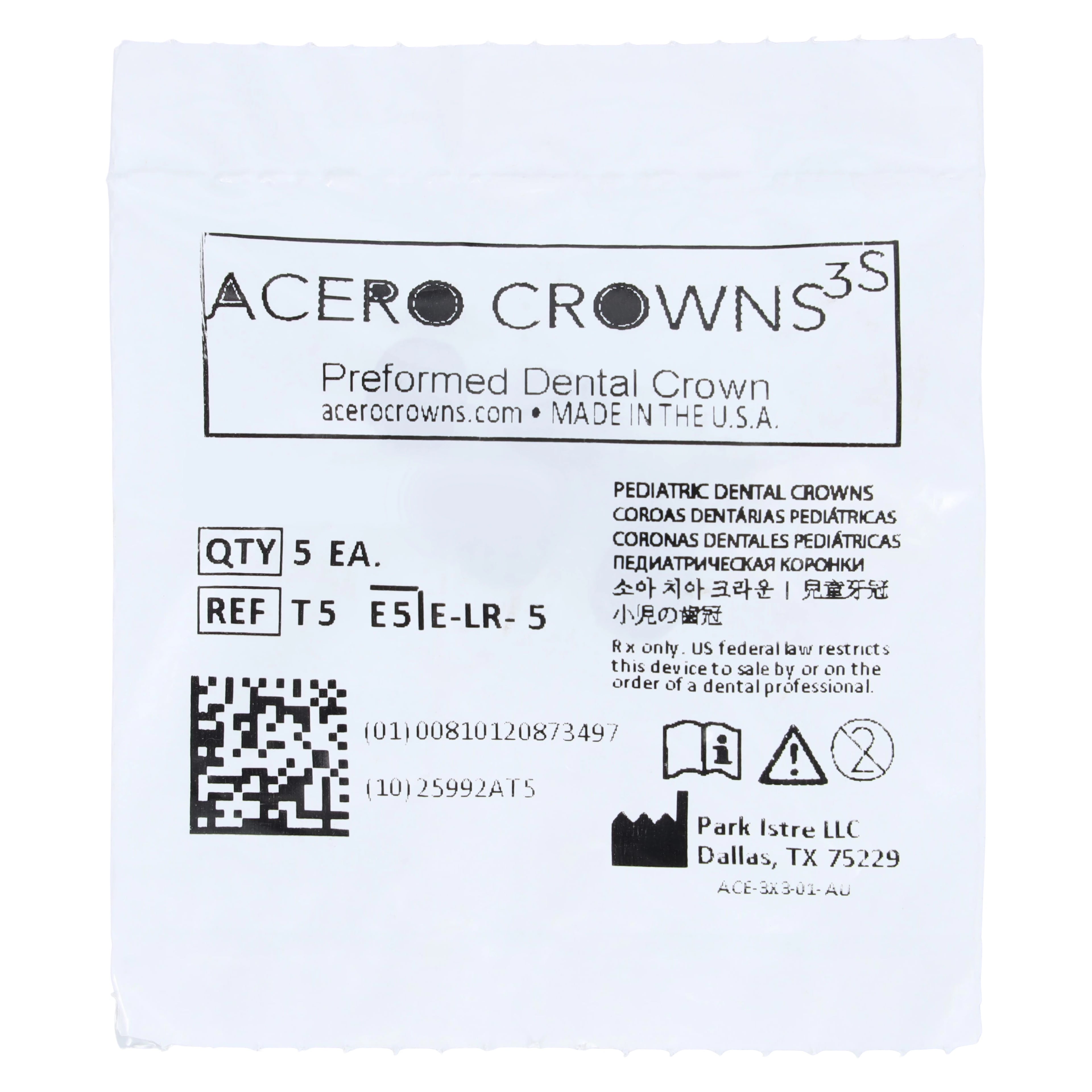 Acero 3S Stainless Steel Primary Molar Crown, Lower Right Second Molar "T", Size 5, 5/Pack