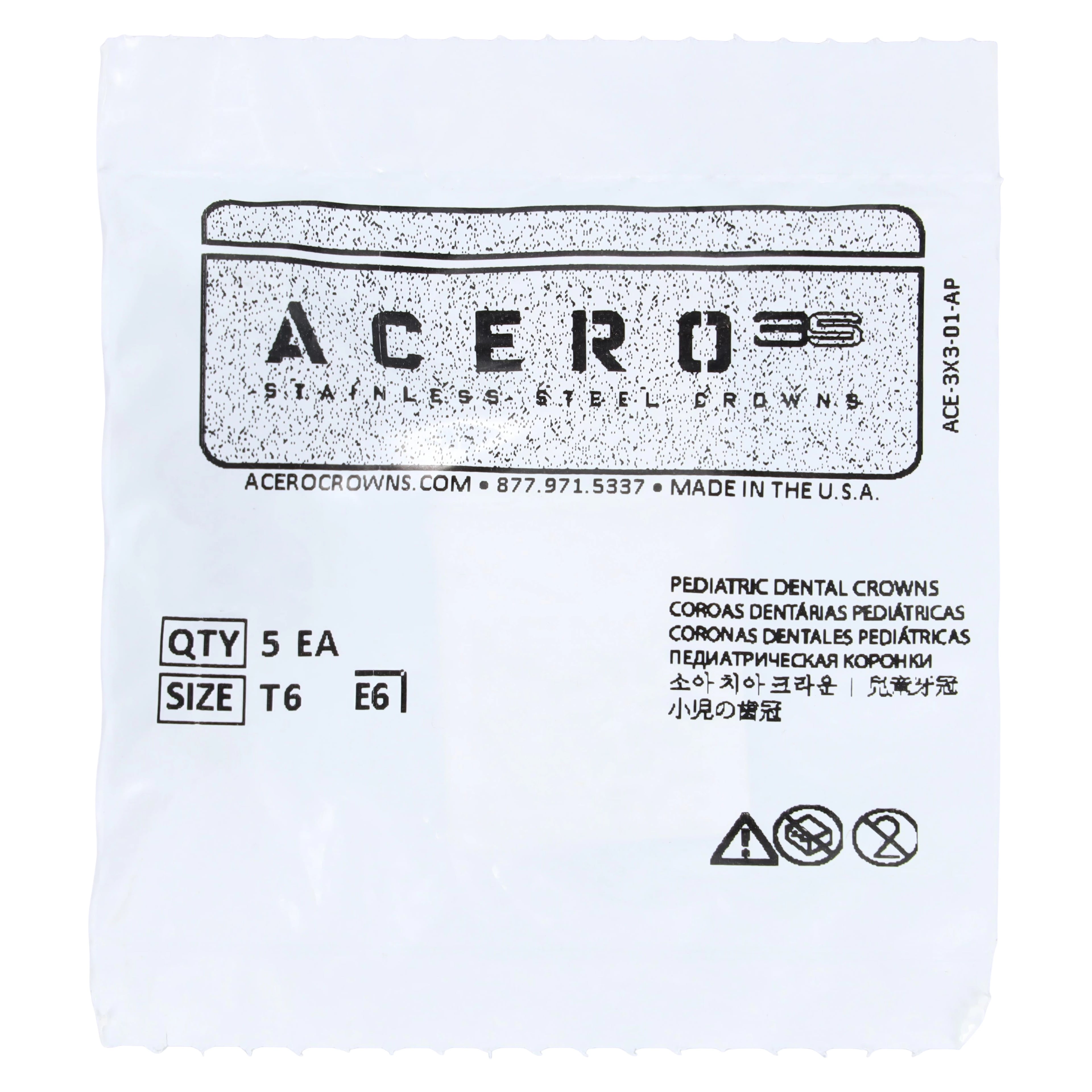 Acero 3S Primary Molar Stainless Steel Crown, Lower Right Second Molar "T", Size 6, 5/Pack