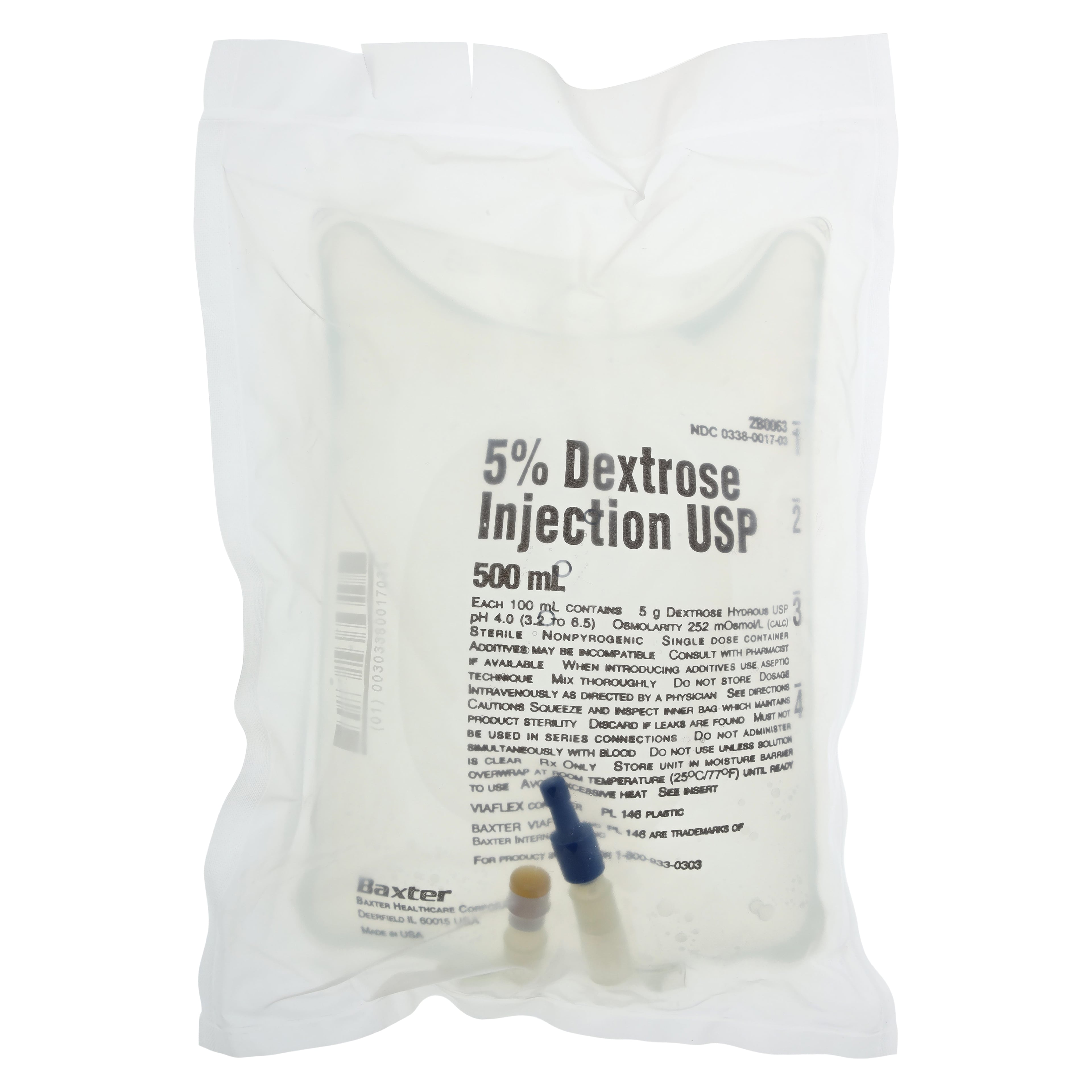 Baxter Viaflex Dextrose 5% in Water (D5W) IV Injection Solution, USP, 500 mL Bag, 2B0063