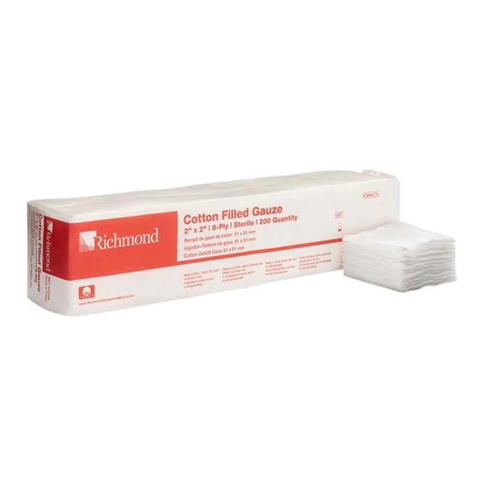 Richmond Cotton Filled Exodontia Sponges, 2" x 2", 8-Ply, Sterile, 200/Sleeve, 25 Sleeves/Case, 300405