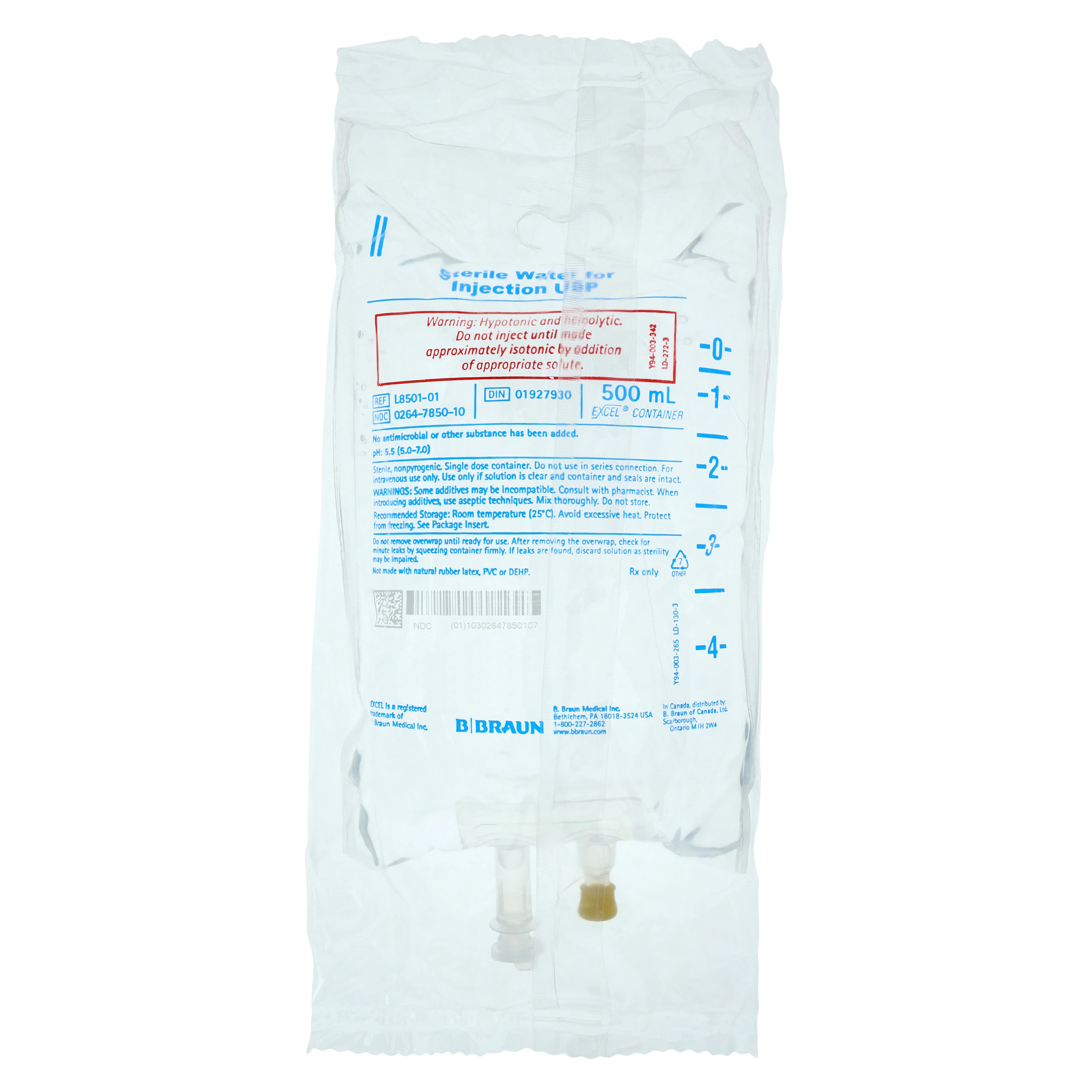 Excel Sterile Water for Injection IV Bag, 500 mL, DEHP-Free, Case of 24