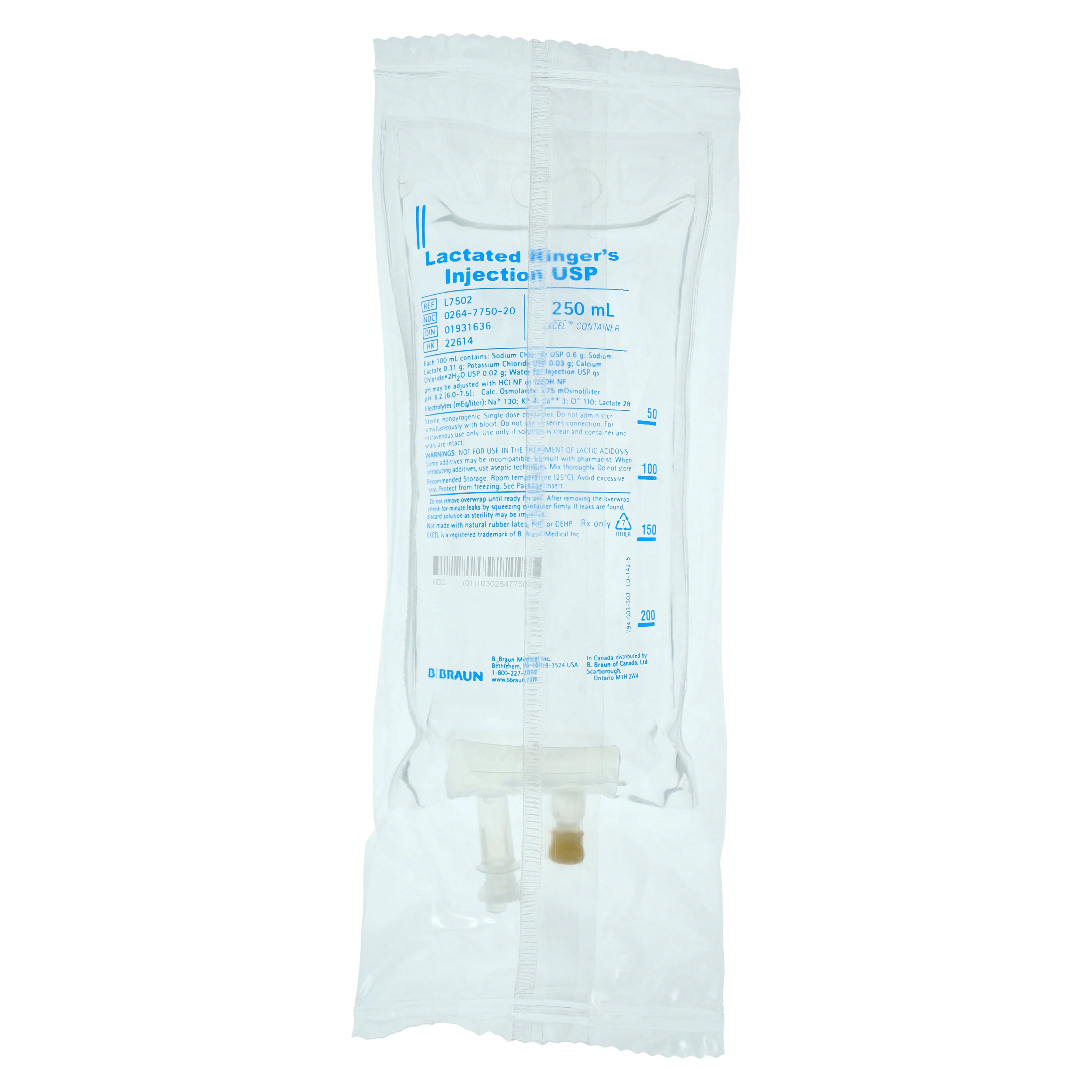 B. Braun Lactated Ringer's Injection USP, 250 mL IV Bag, DEHP-Free, Sterile, Case of 24, L7502
