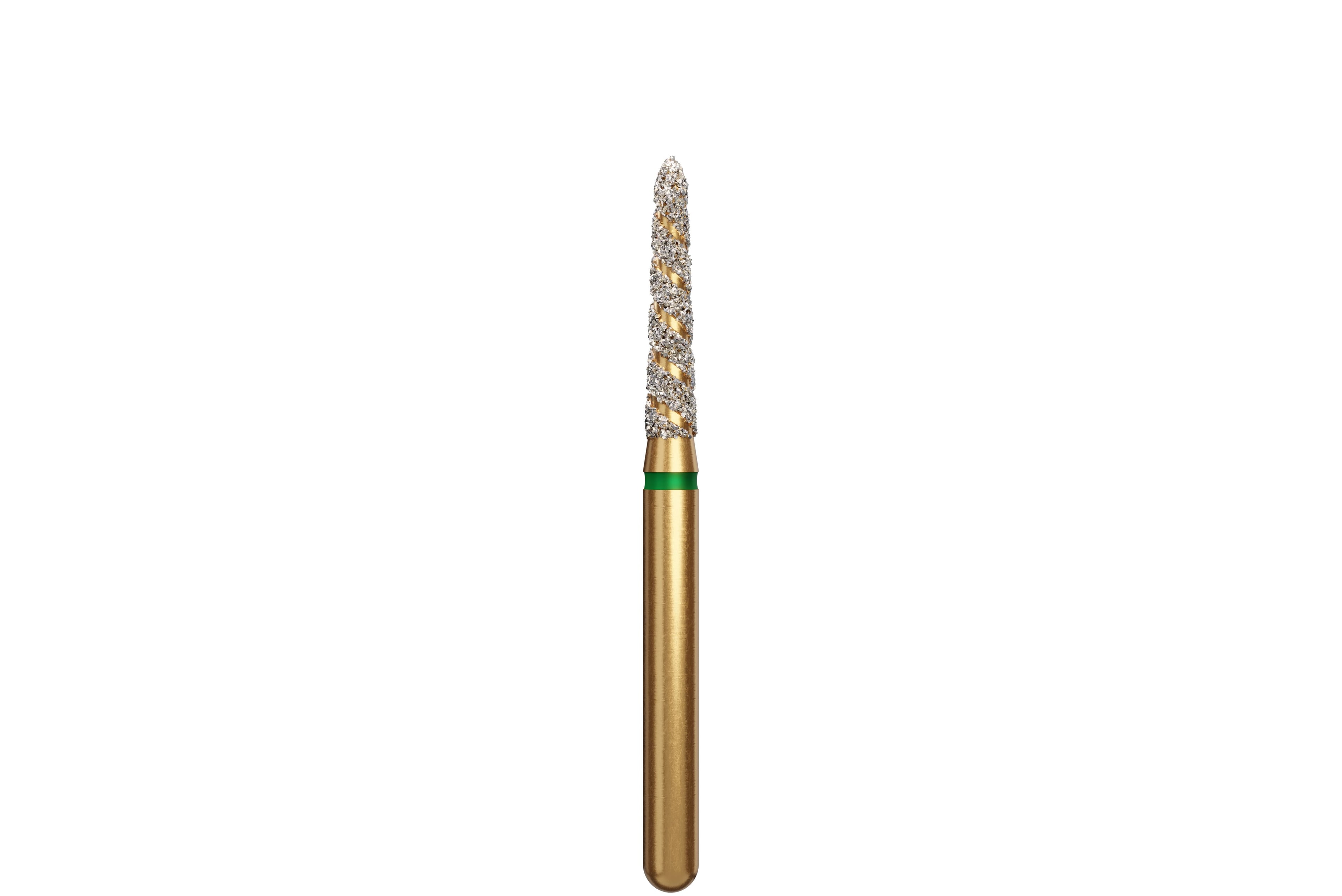 Coltene Alpen TurboCut Diamond Bur, FG, Coarse, Tapered Torpedo/Curettage, 1.6 mm Head Diameter, 8 mm Head Length, Green Ring, 5/Pkg, #878K-016