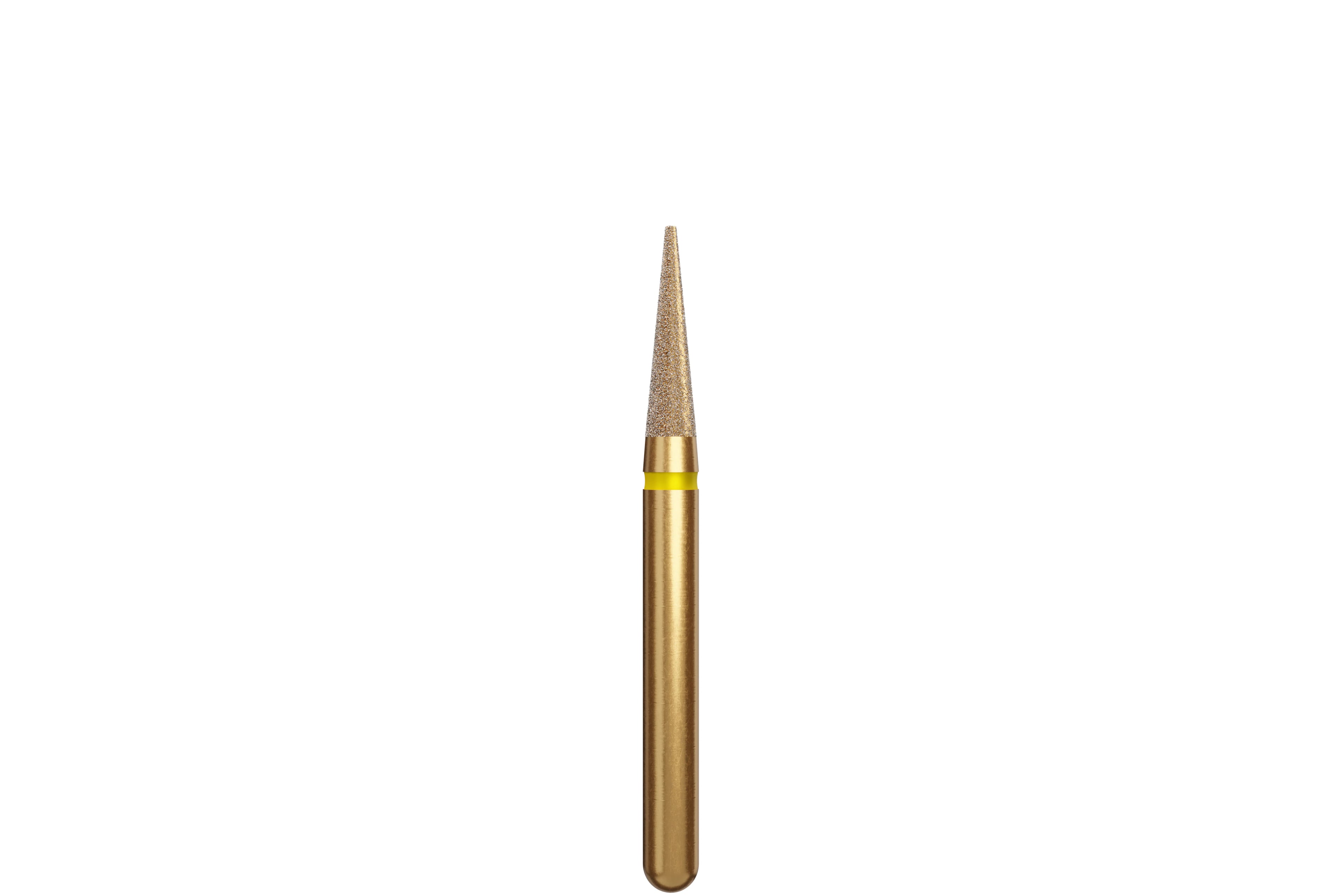 Coltene Alpen Multi-Use Multilayer Diamond Bur, FG, Extra Fine, Flame/Needle, #852-016, 1.6 mm Head Diameter, 6 mm Head Length, Yellow Ring, 5/Pkg