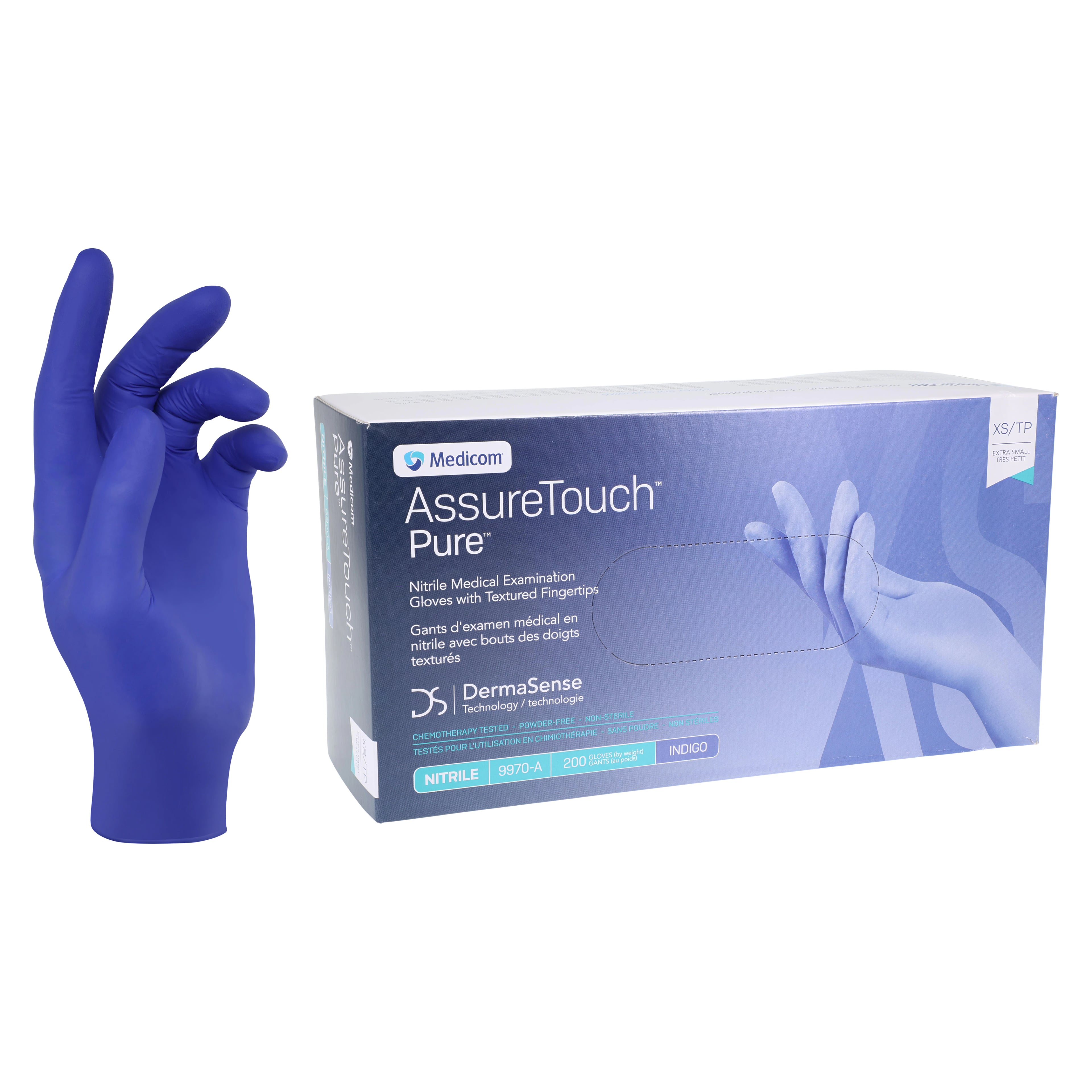 Medicom AssureTouch™ Pure Nitrile Exam Gloves, Powder Free, Latex Free, Non-Sterile, Extra Small, Blue, Textured Fingertips, 200/Box, 9970A
