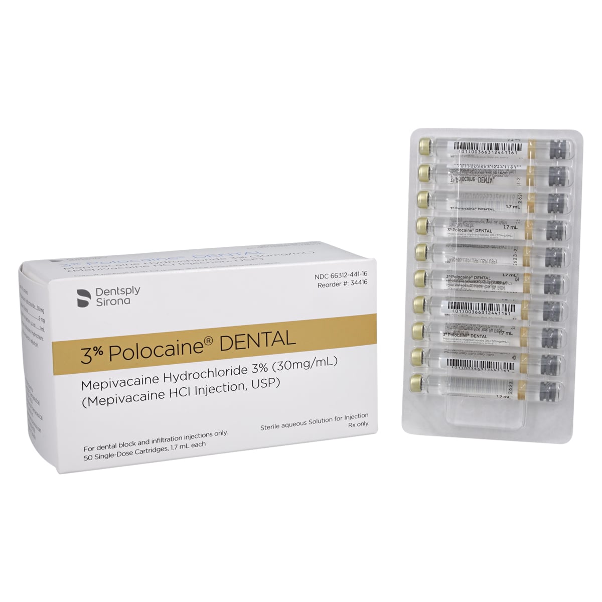 Polocaine 3% Mepivacaine Hydrochloride Injection, USP Plain, 1.7 mL Cartridges, 50/Box, 34416