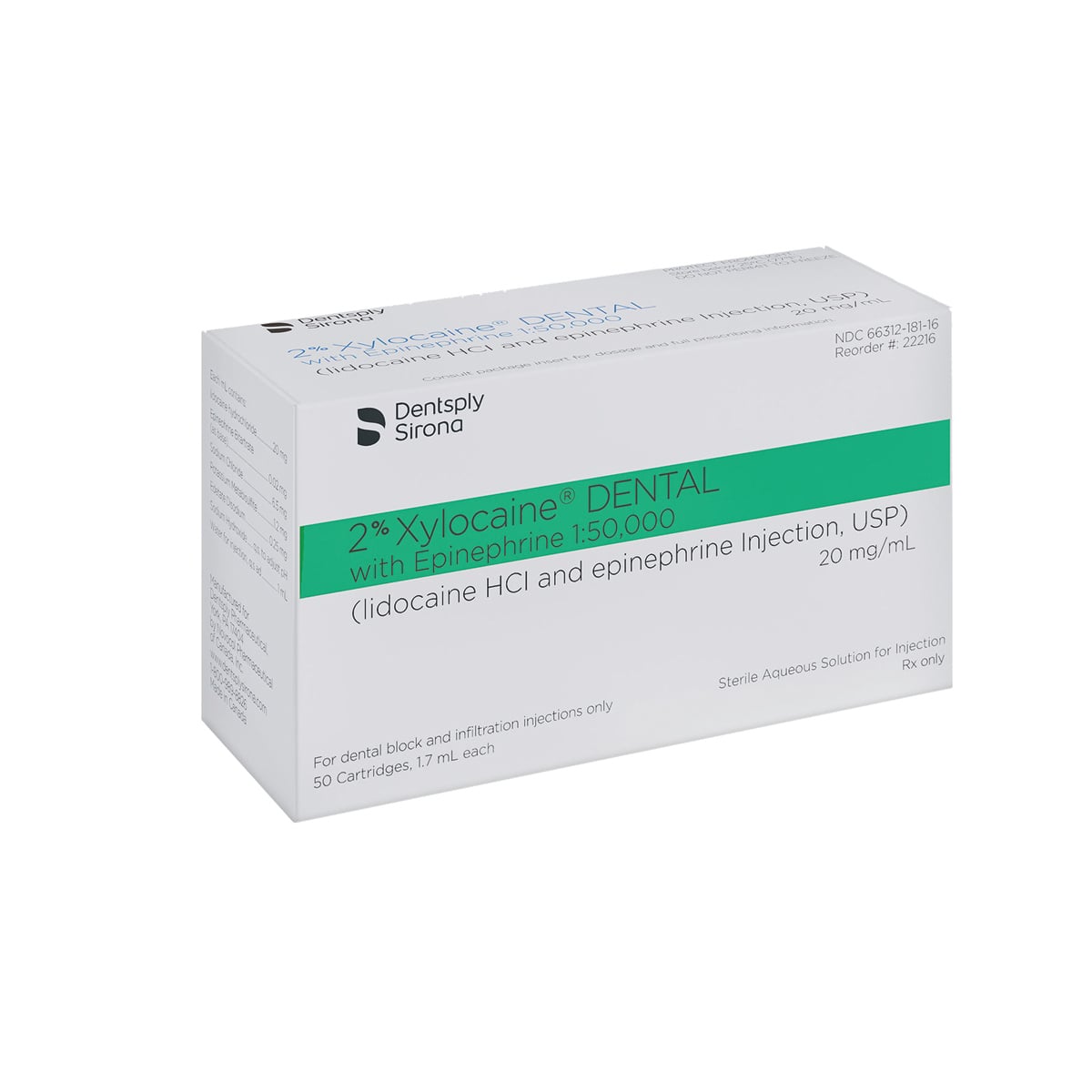 Xylocaine 2% Lidocaine with Epinephrine 1:50,000, Green, 1.7 mL Cartridges, 50/Box, 22216