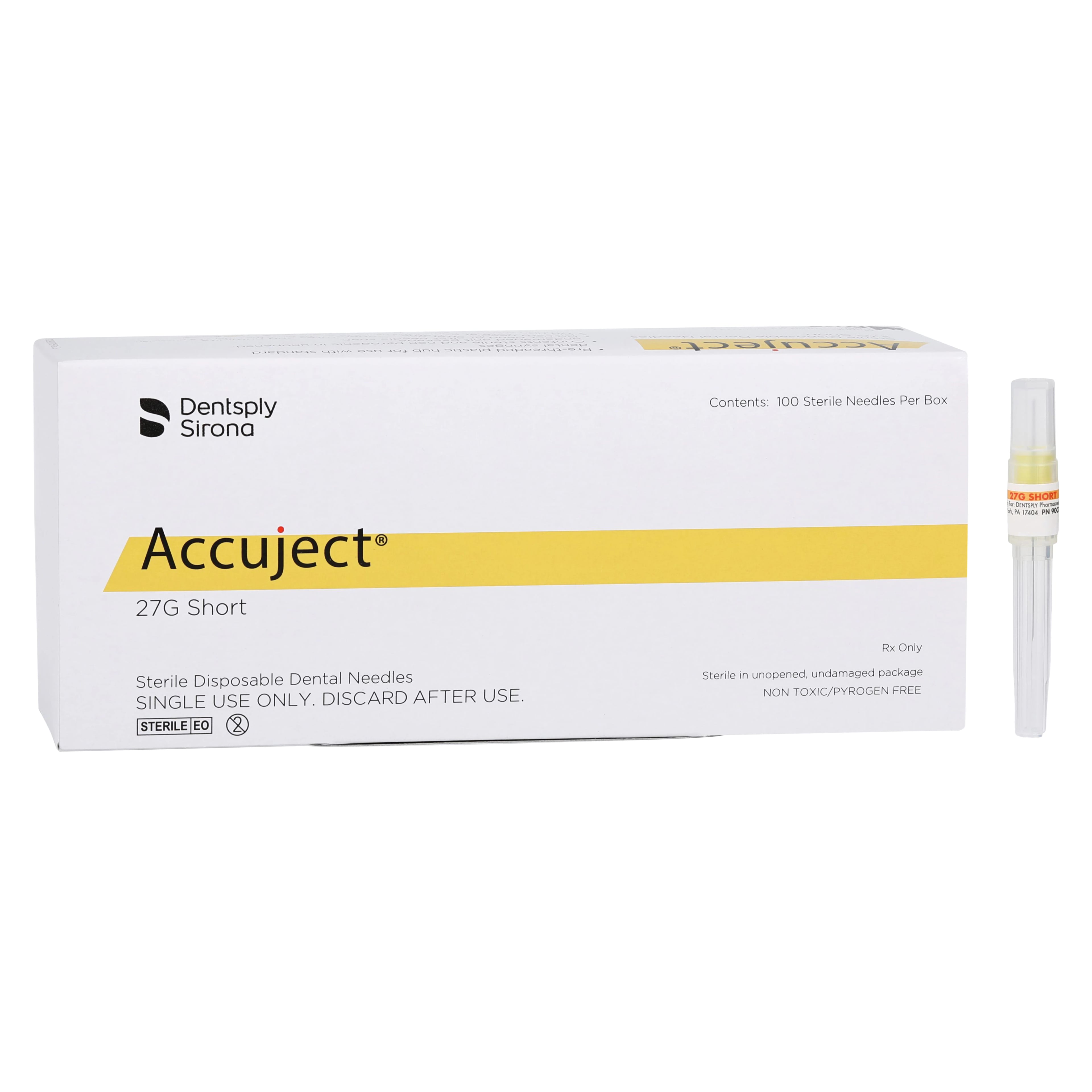 Accuject Disposable Dental Needles, Plastic Hub, 27 Gauge Short (21mm), Yellow, Sterile, 100/Box, 900705