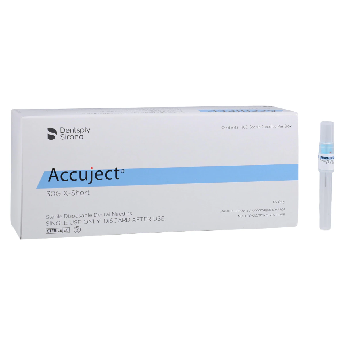 Accuject Disposable Dental Needles, Plastic Hub, 30 Gauge, Extra Short (12mm), Blue, 100/Box, 901005