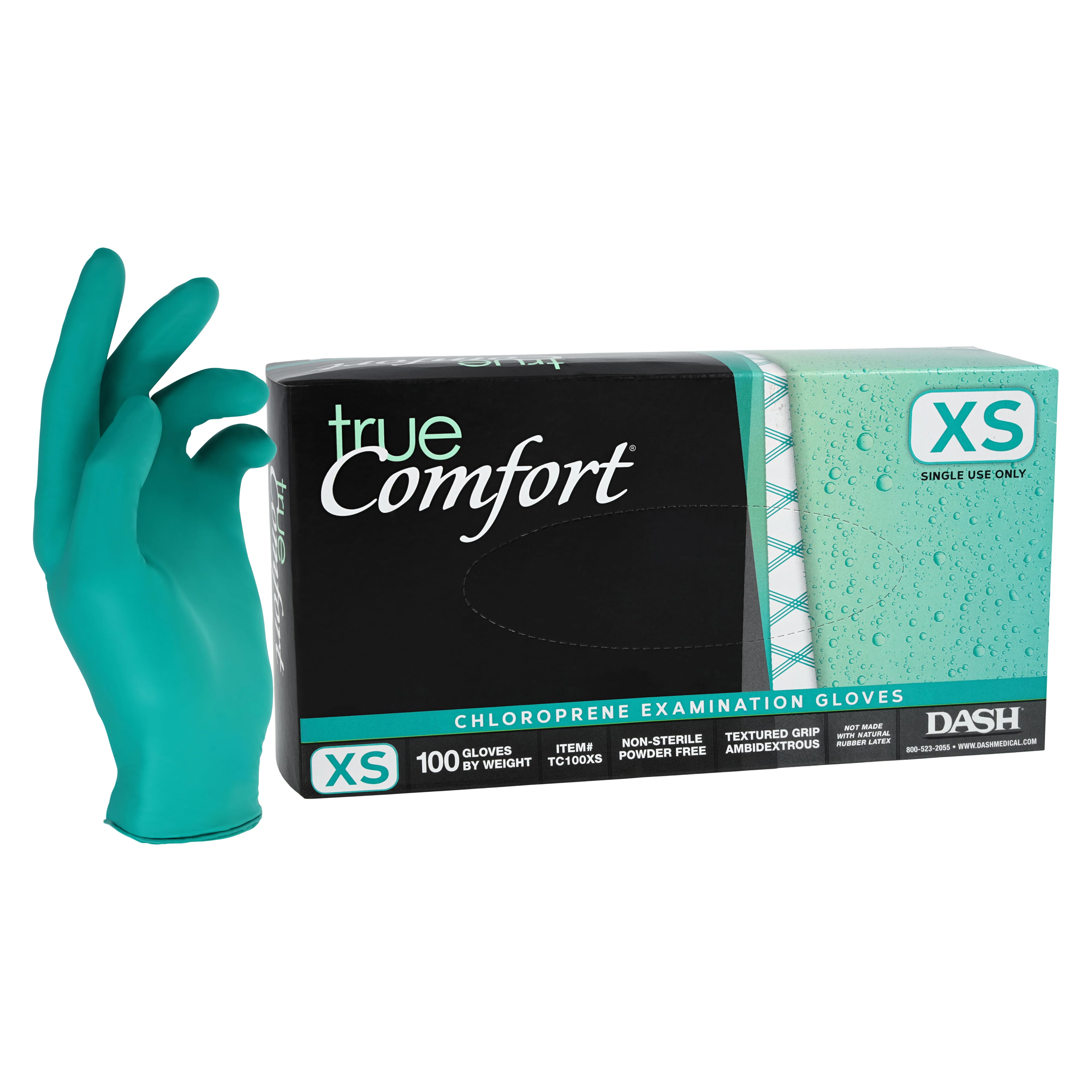 True Comfort Chloroprene Exam Gloves, Powder-Free, Non-Sterile, X-Small, Green, 100/Box, TC100XS