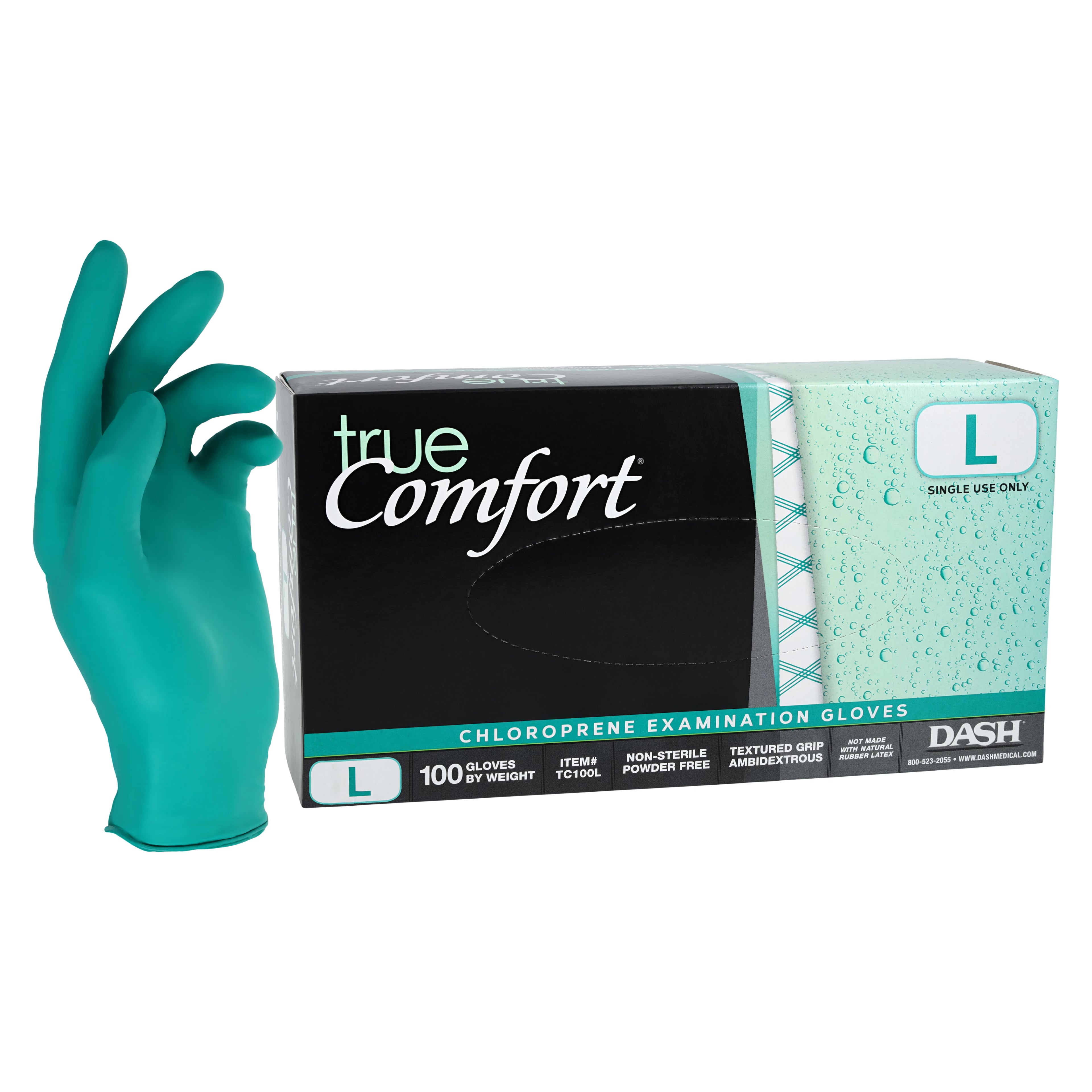 True Comfort Chloroprene Exam Gloves, Powder Free, Non-Sterile, Large, Green, 100/Box, TC100L
