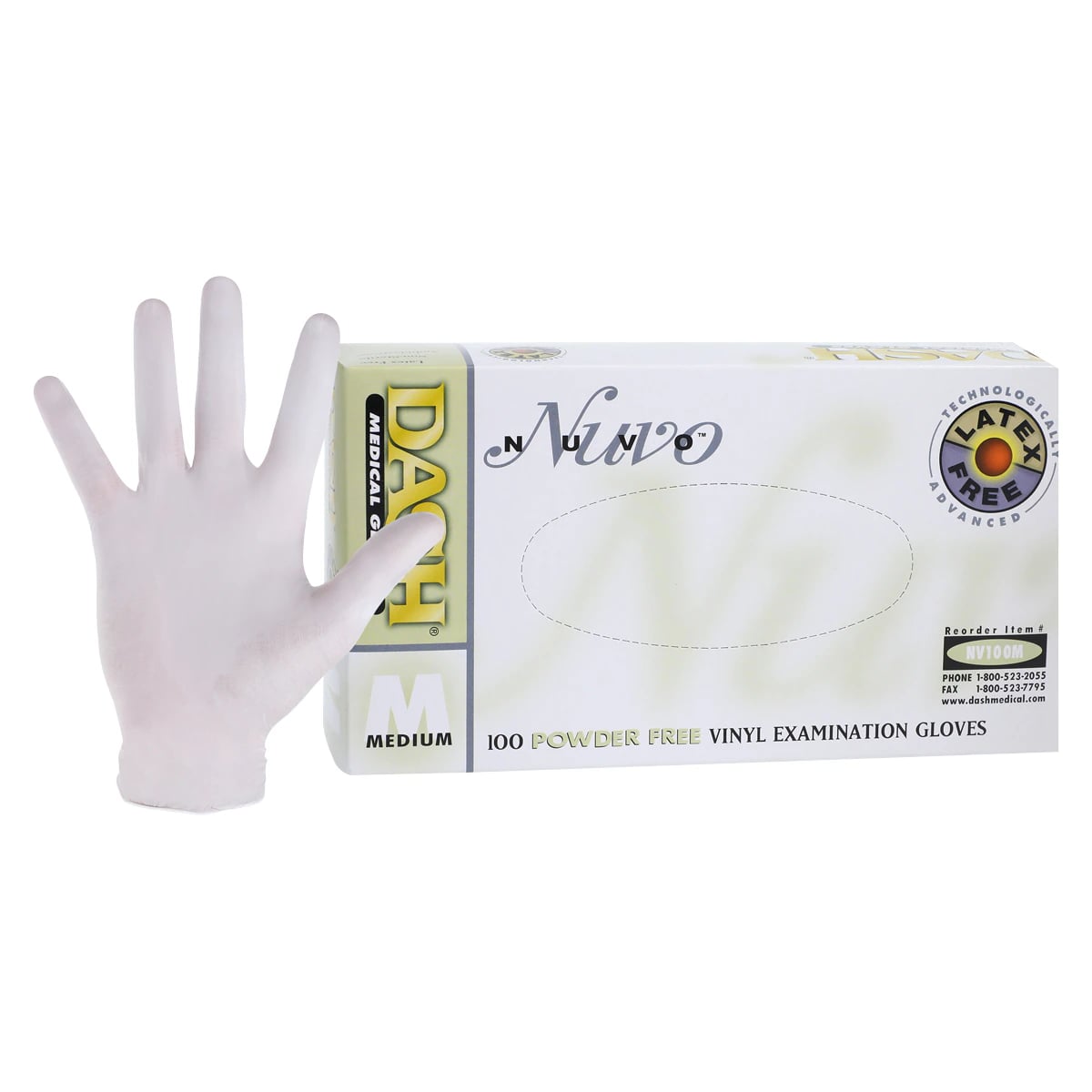 Nuvo Vinyl Exam Gloves, Powder-Free, Non-Sterile, Medium, White, 100/Box, NV100M