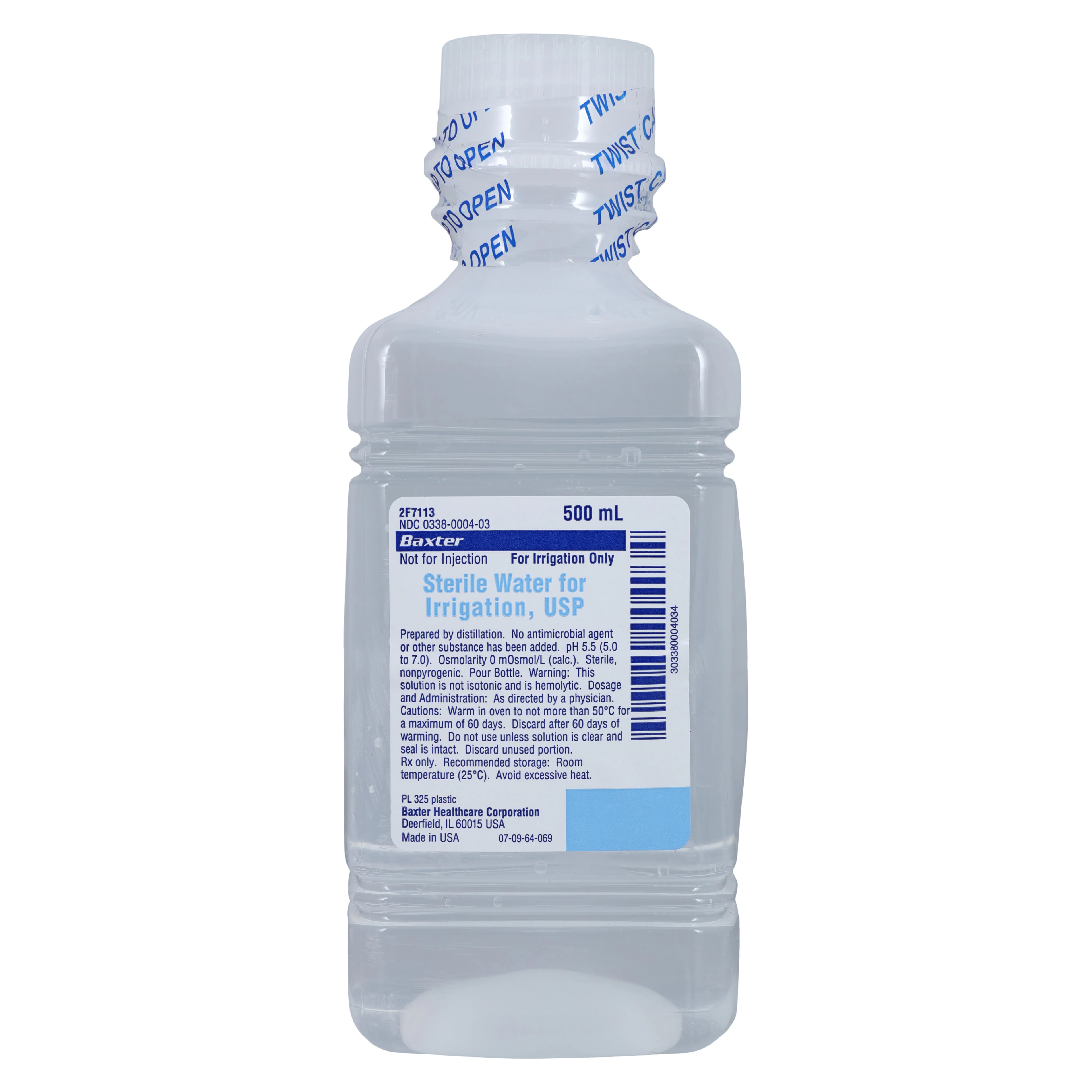 Baxter Sterile Water for Irrigation USP, 500 mL Plastic Pour Bottle, 2F7113