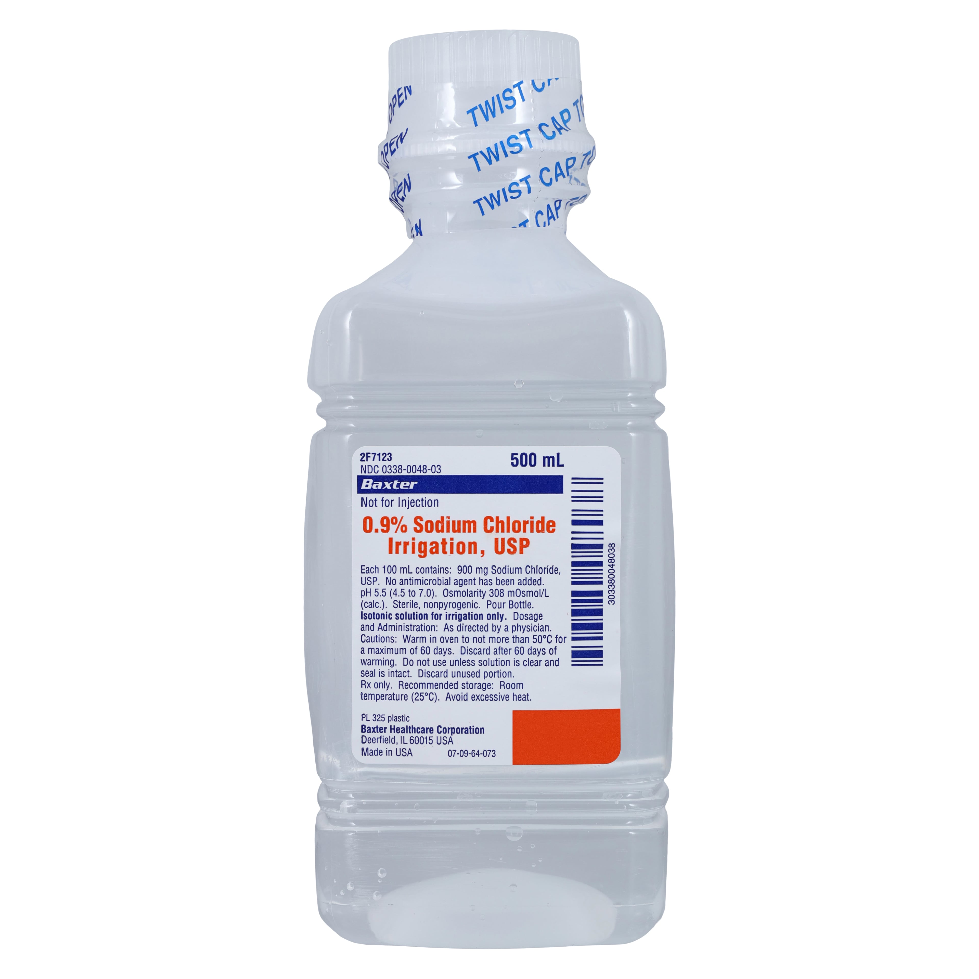 Baxter 0.9% Sodium Chloride Irrigation USP, 500 mL Plastic Pour Bottle, 2F7123