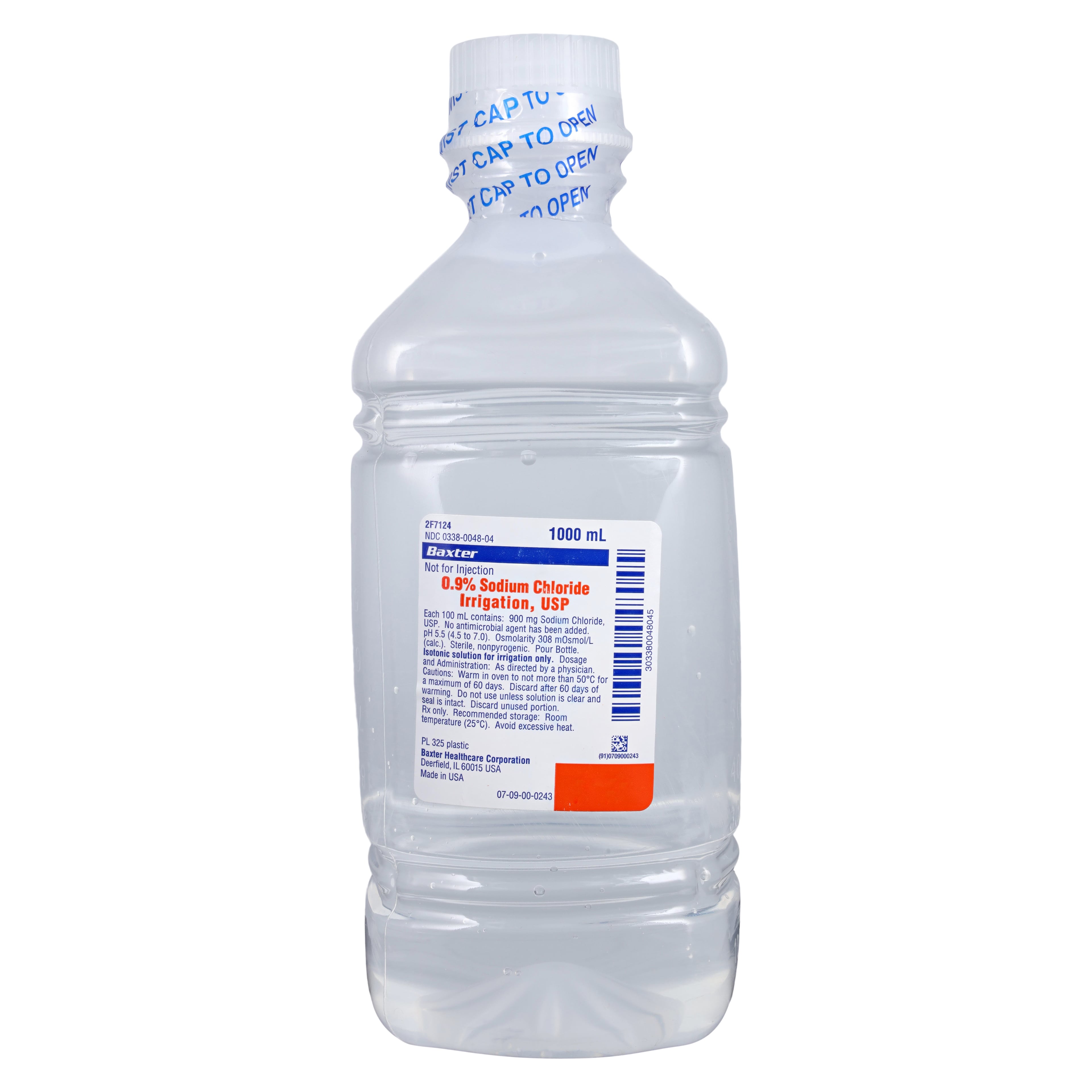Baxter 0.9% Sodium Chloride Irrigation, USP, 1000 mL Plastic Pour Bottle, Sterile, 2F7124