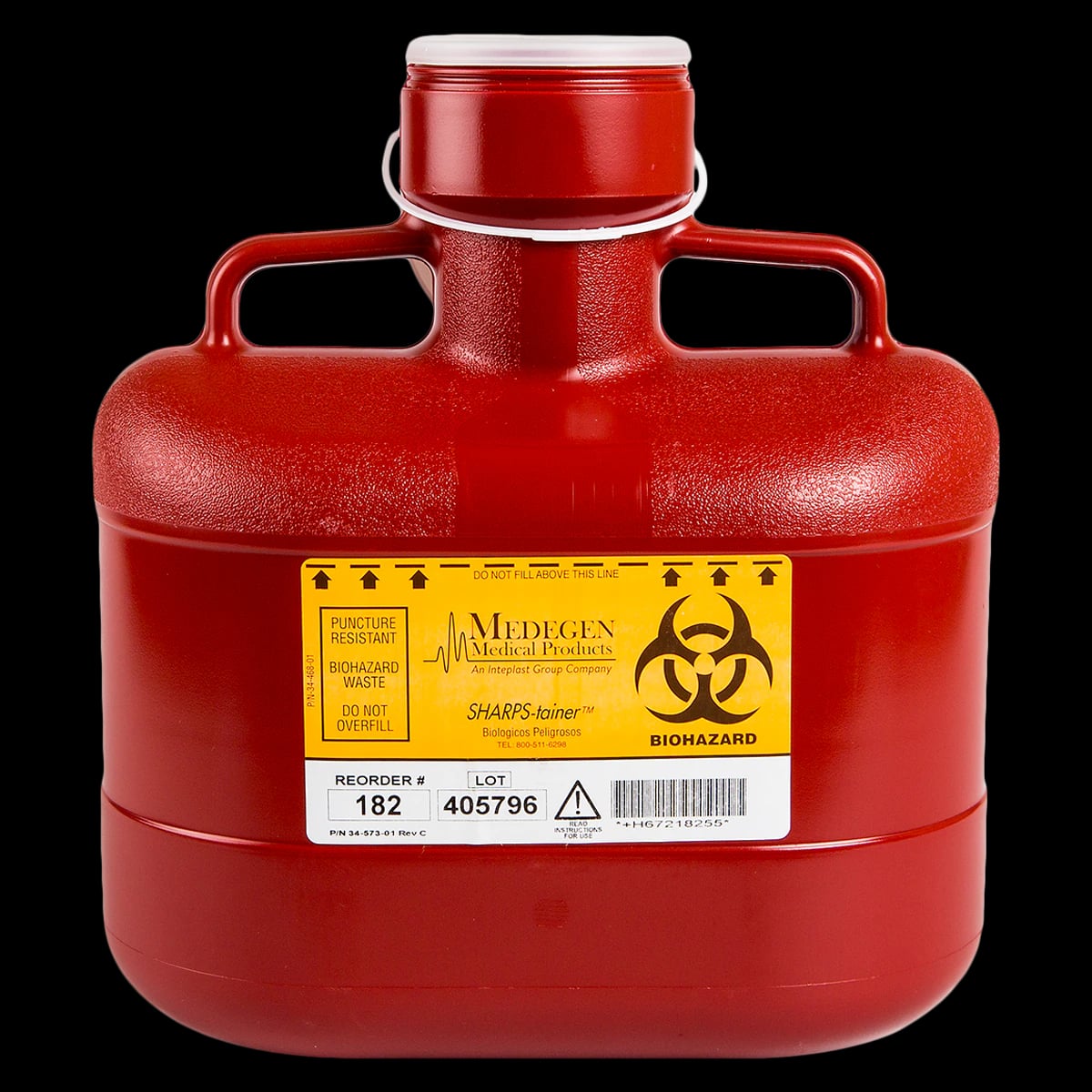 Medegen Non-Stackable Sharps Container, Medium, 6.2 qt, Red/Black, 10 x 6 x 11 in, Vertical Entry Locking Cap, Polypropylene