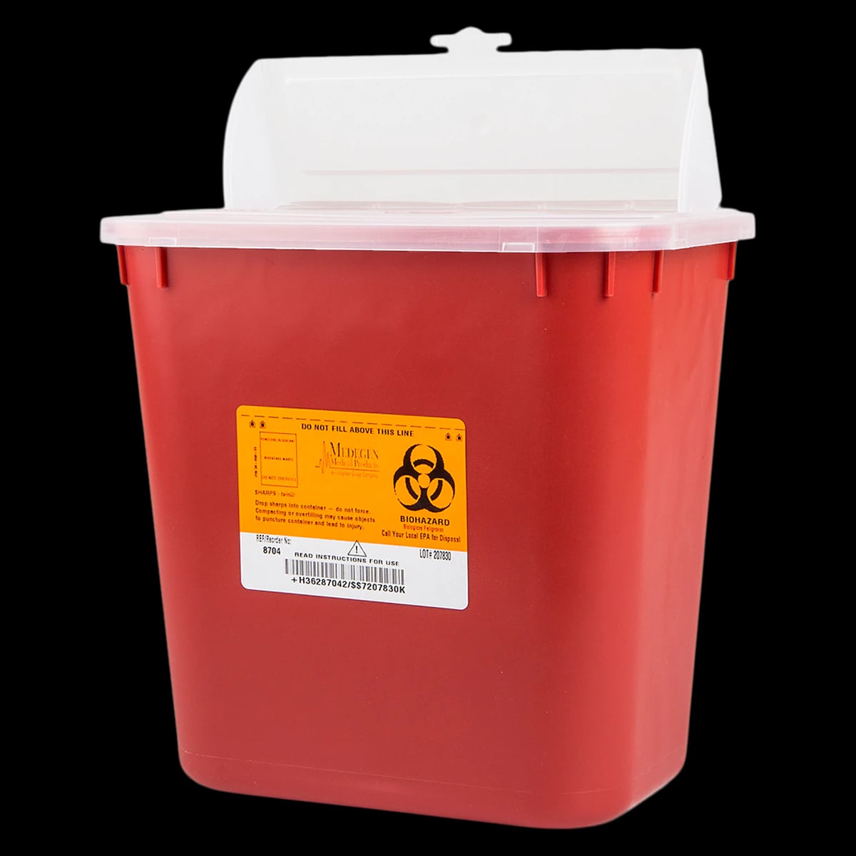 Medegen Stackable Sharps Container, 8 qt (2 gal), Red/Black, Horizontal Drop, Polypropylene, 10 x 9.5 x 7 in