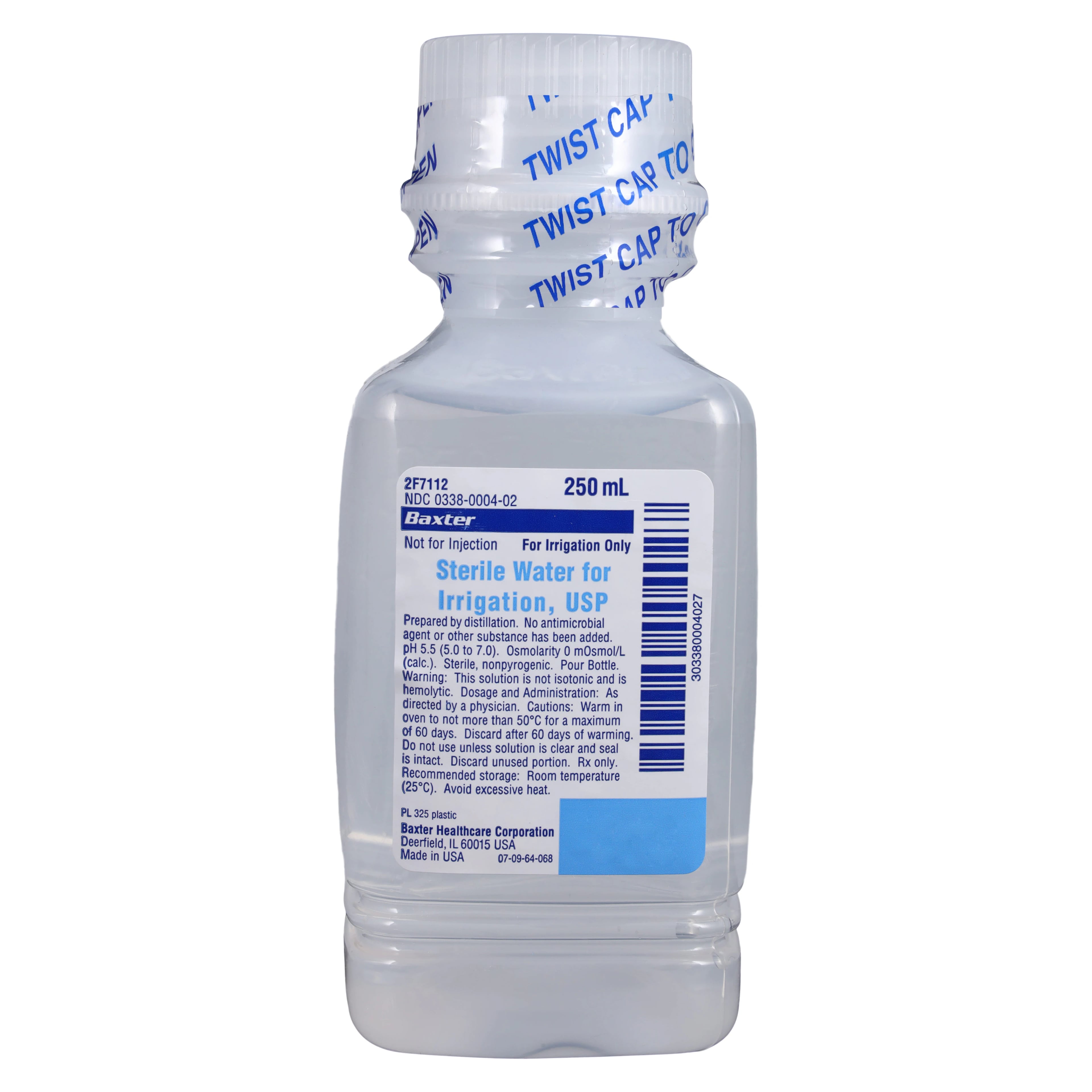 Sterile Water for Irrigation, USP, 250 mL Plastic Pour Bottle, Not for Injection, Non-Pyrogenic, 2F7112