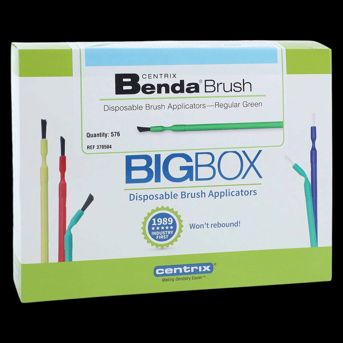 Benda Brush Big Box Disposable Applicator Brushes, Regular Point, Green Handle, Black Bristles, 576/Box, 370504