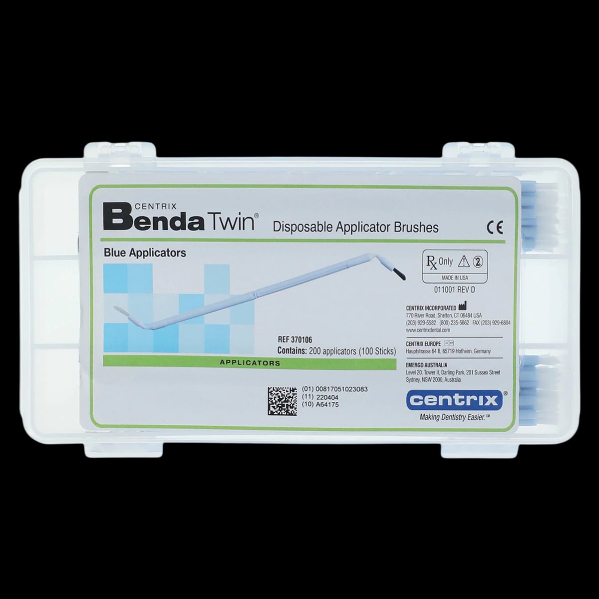 Centrix Benda Twin Double-Ended Disposable Brush Applicators, Regular Point, Blue, 200/Box, 370106