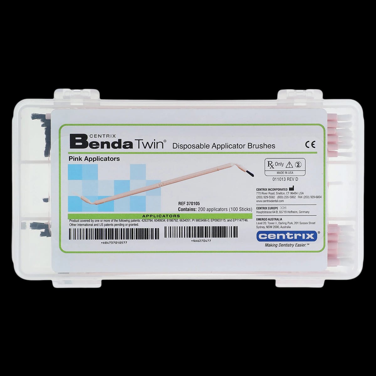 Centrix Benda Twin Disposable Double-Ended Brush Applicators, Regular Point, Pink, 200/Box, 370105