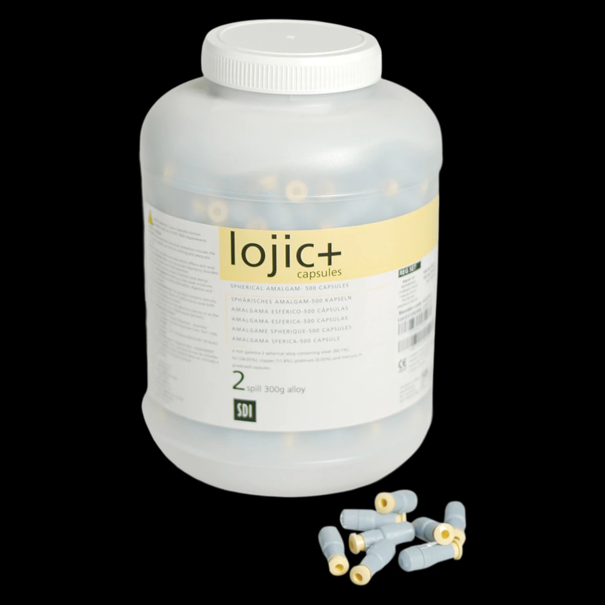 Lojic+ Spherical Amalgam Capsules, Double Spill (600 mg), Slow Set, 500/Jar, 4222404