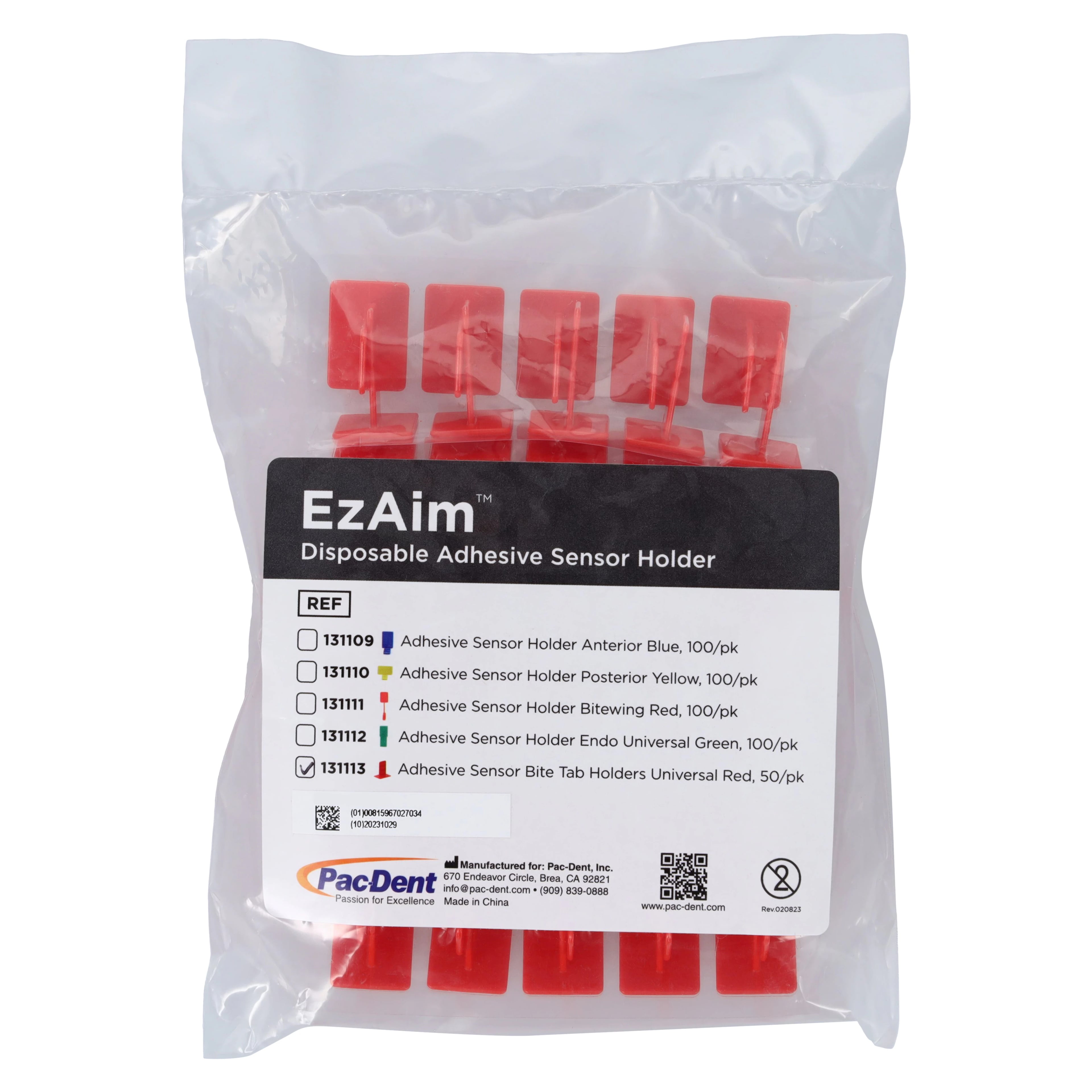 Pac-Dent EzAim Disposable Adhesive Sensor Bite Tab Holders, Red, Universal, 50/Pk, 131113
