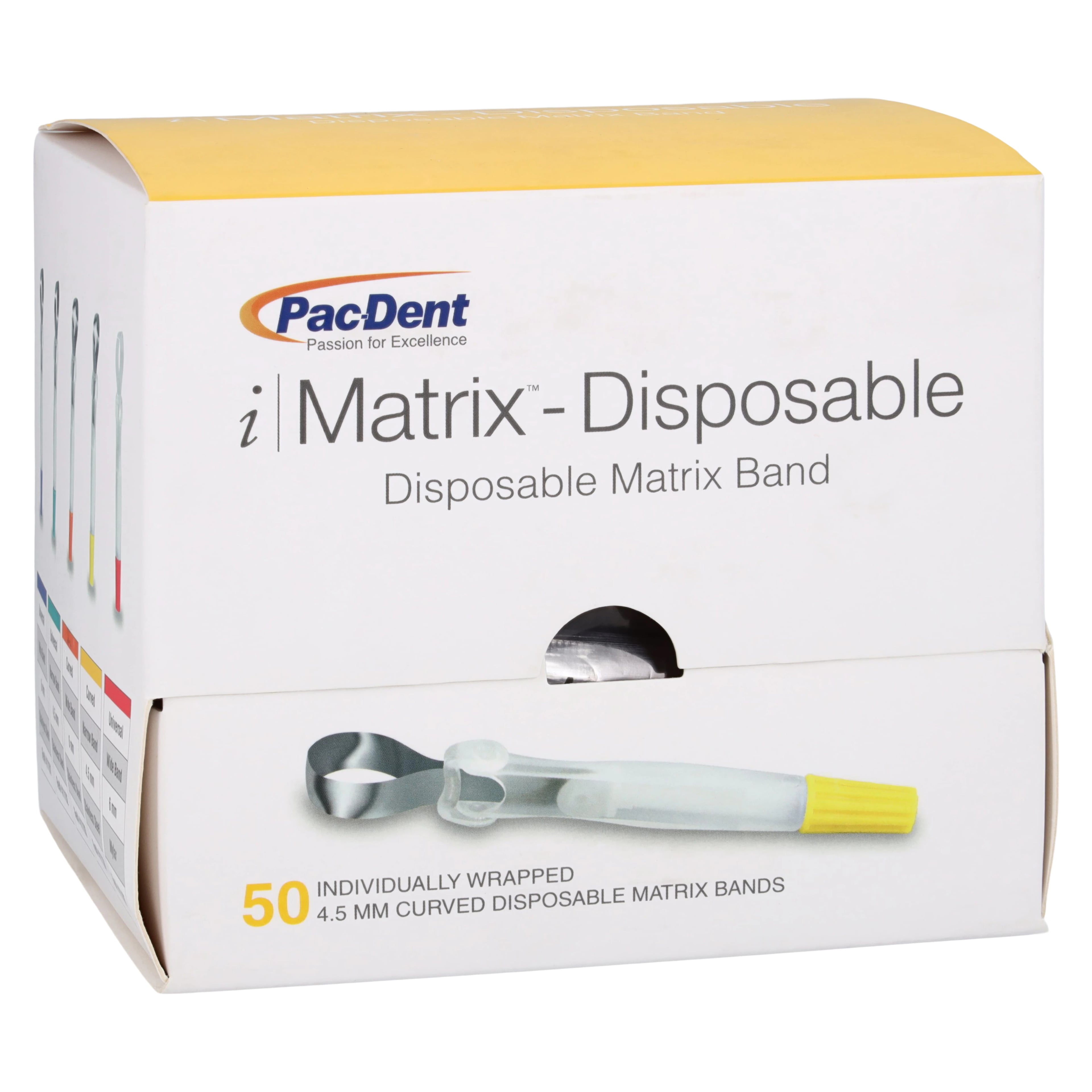 iMatrix Disposable Matrix Bands, 4.5mm Narrow Curved Shape, Stainless Steel, Yellow, 50/Box, 411104
