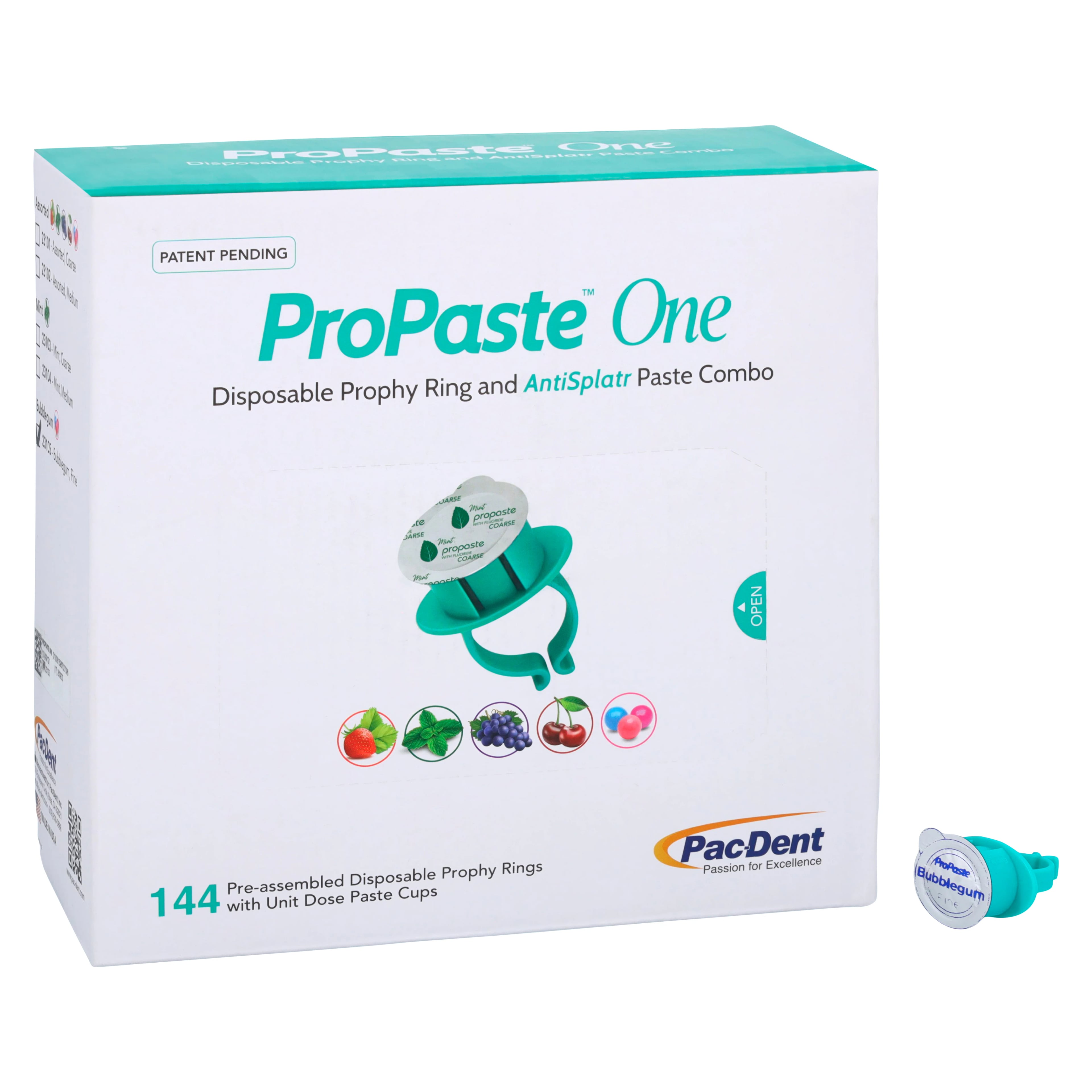 ProPaste One Pre-Assembled Disposable Prophy Ring & AntiSplatr Paste Combo, Bubblegum, Fine Grit, 144/Box, 23105