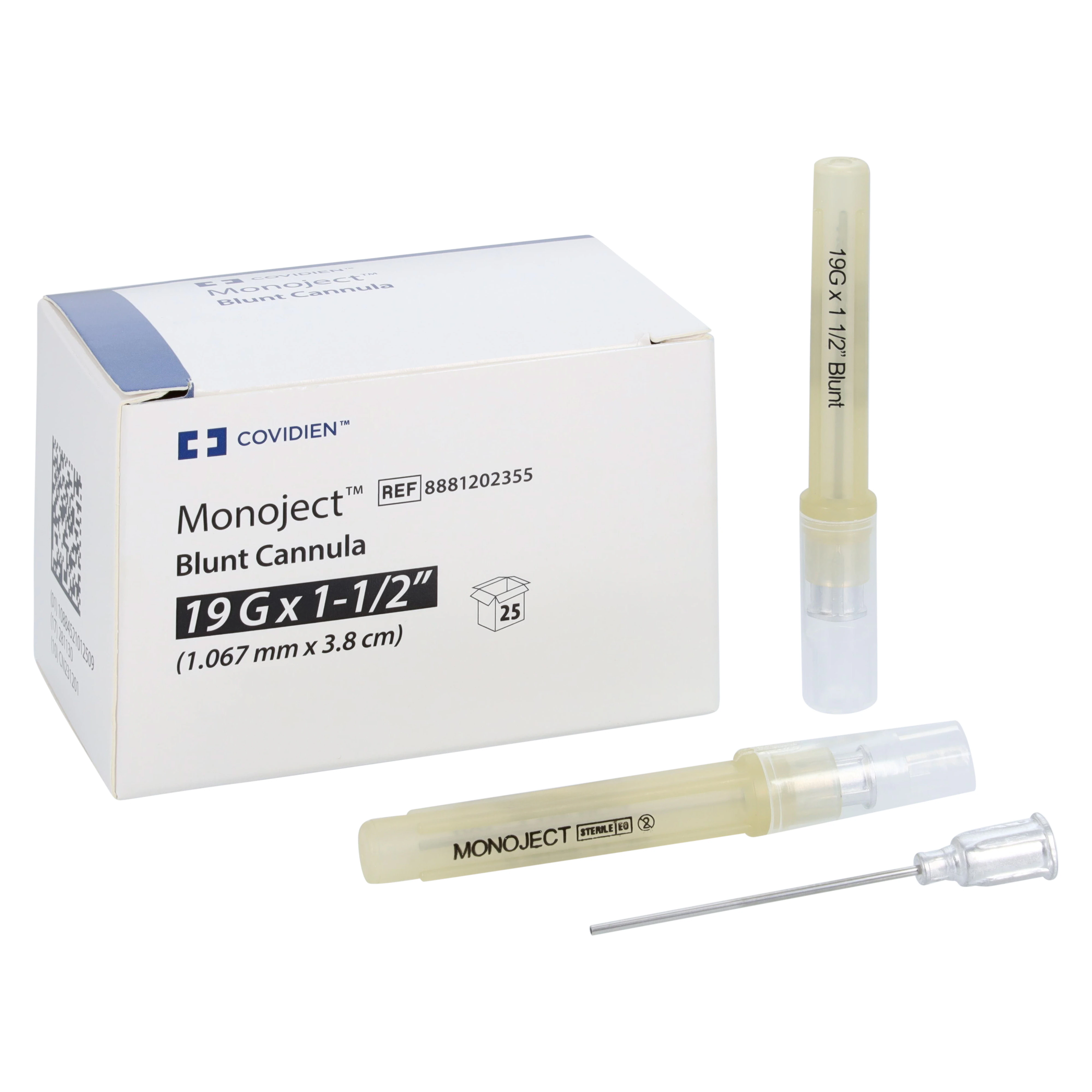 Monoject Endodontic Blunt Cannulas, 19 Gauge, 1-1/2" Length, Luer Lock, Stainless Steel, 25/Box, 8881202355