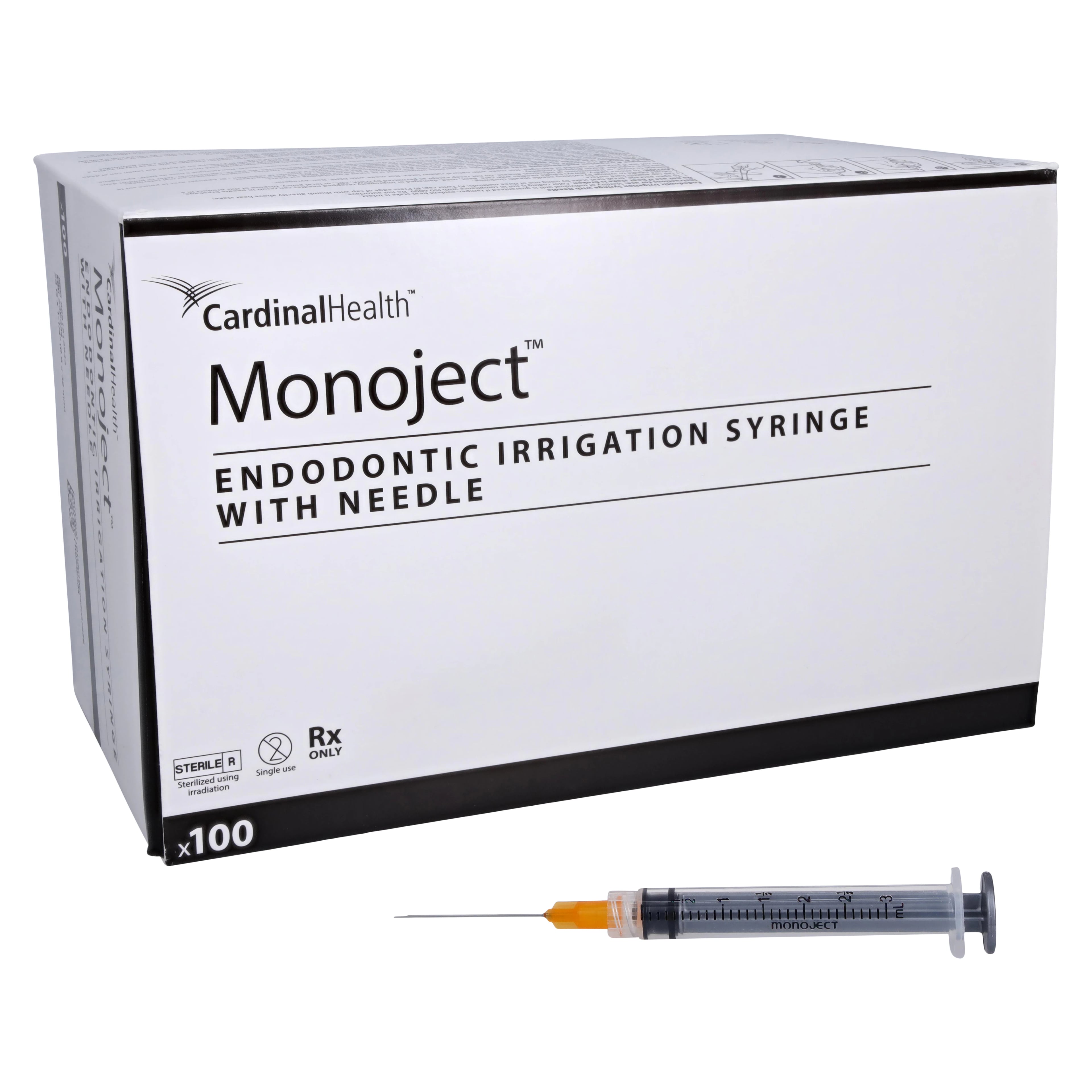 Monoject 513 ED Endodontic Irrigation Syringe with Needle, 3 mL, 23G x 1-1/4", Luer Lock, Orange, Sterile, 100/Box, 8881513843