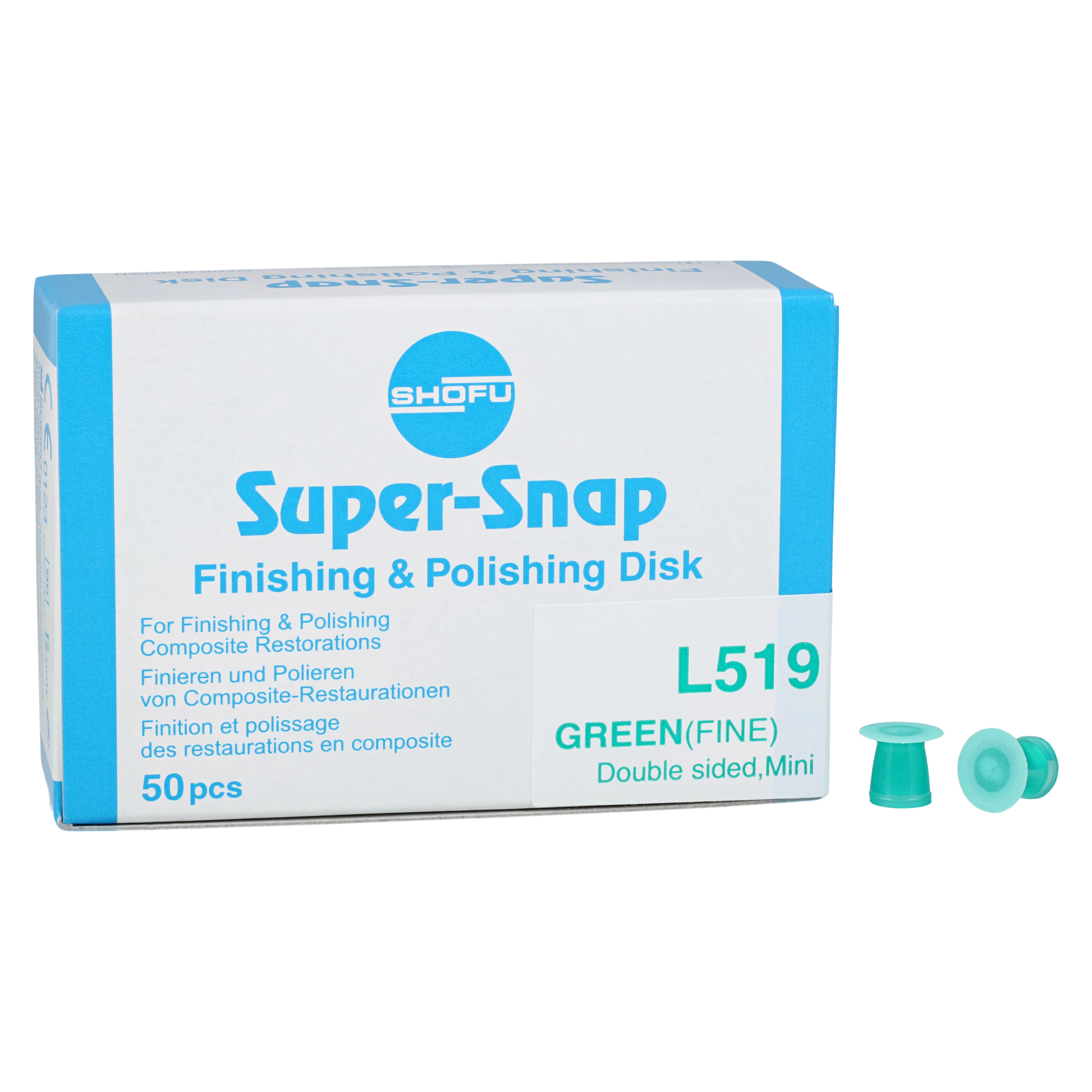 Shofu Super-Snap Mini Polishing Replacement Disks, Double-Sided, Fine (Green), 8mm, 50/Pk, L519