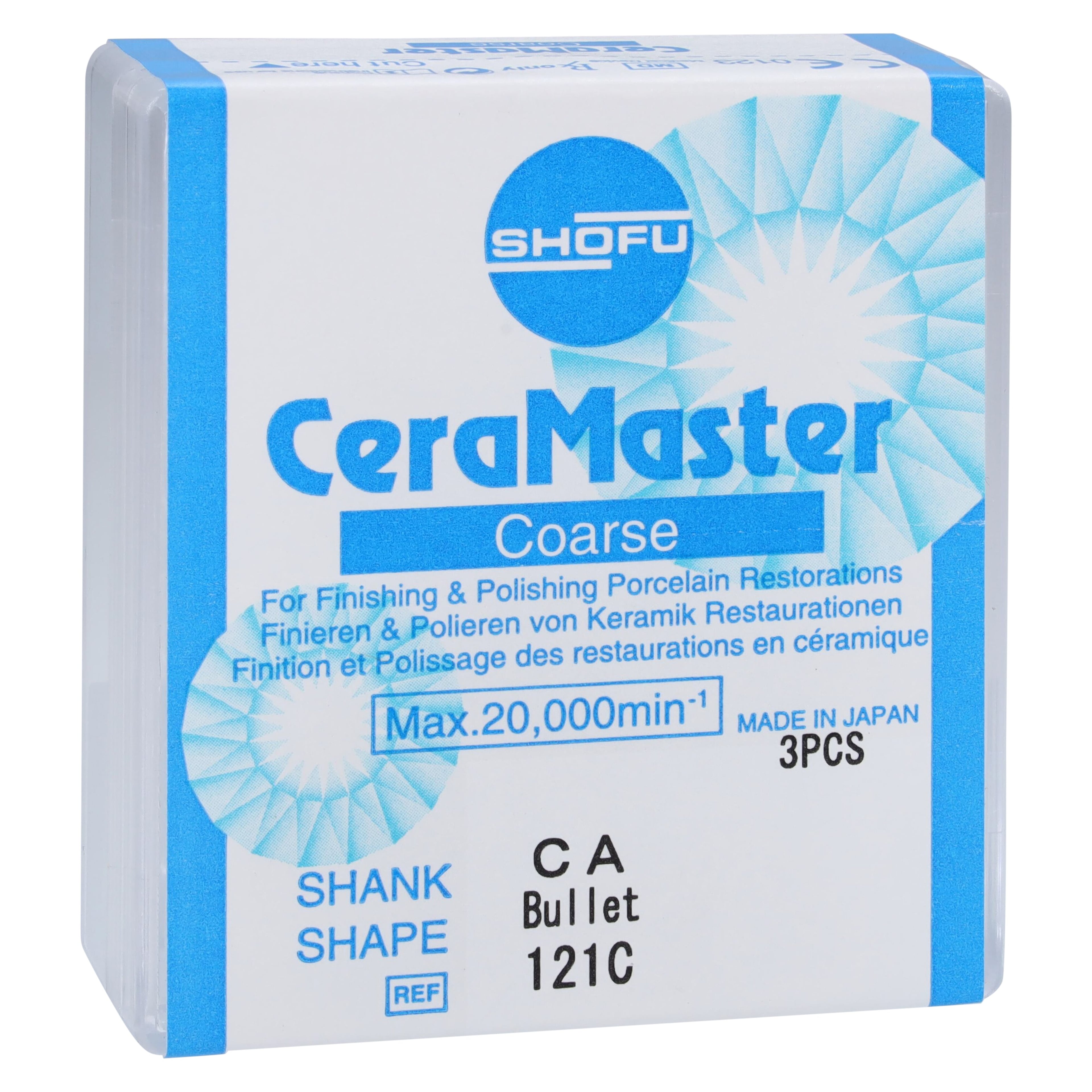 Shofu CeraMaster Coarse CA Bullet Diamond Polishers, #040 Coarse, Blue/White, 3/Pk, 121C