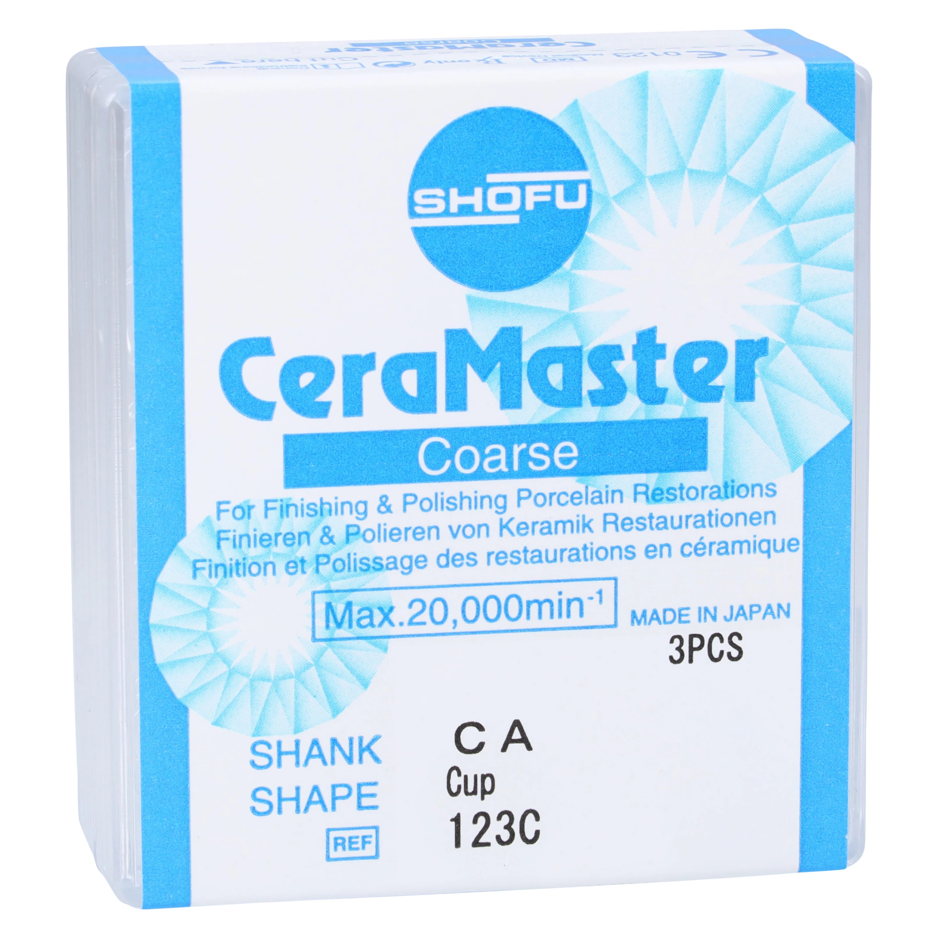CeraMaster Coarse Diamond-Impregnated Polishing Cup, CA (Contra-Angle) Shank, ISO #090, Blue/White, 3/Pkg, 123C