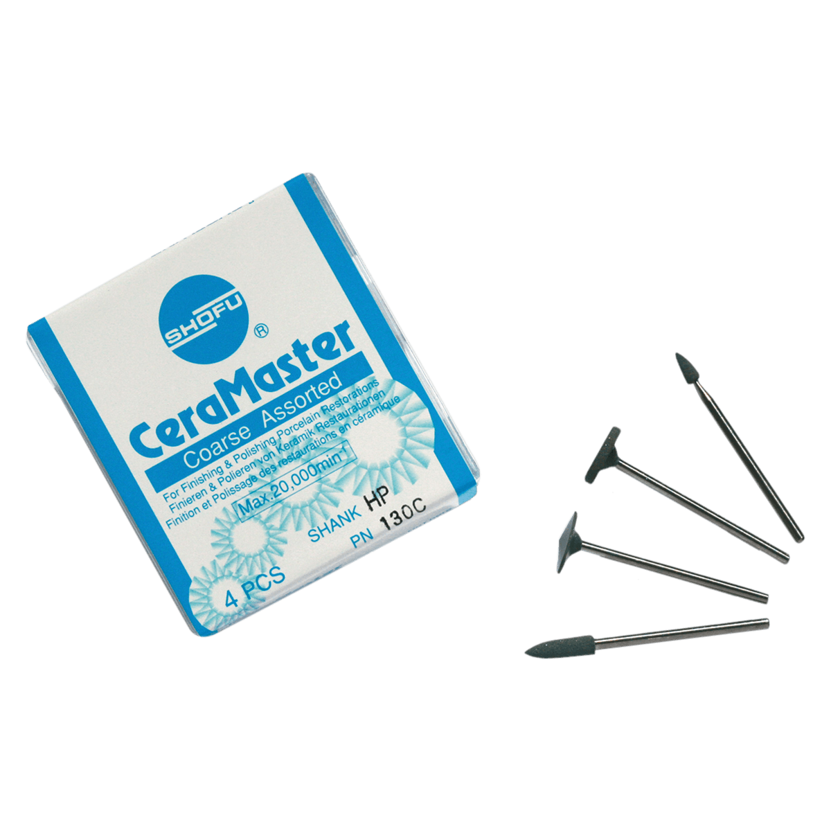 Shofu CeraMaster Coarse Diamond Polisher Assortment Kit, HP Shank, Includes Bullet, Mini-Point, KN7, WH6, 130C