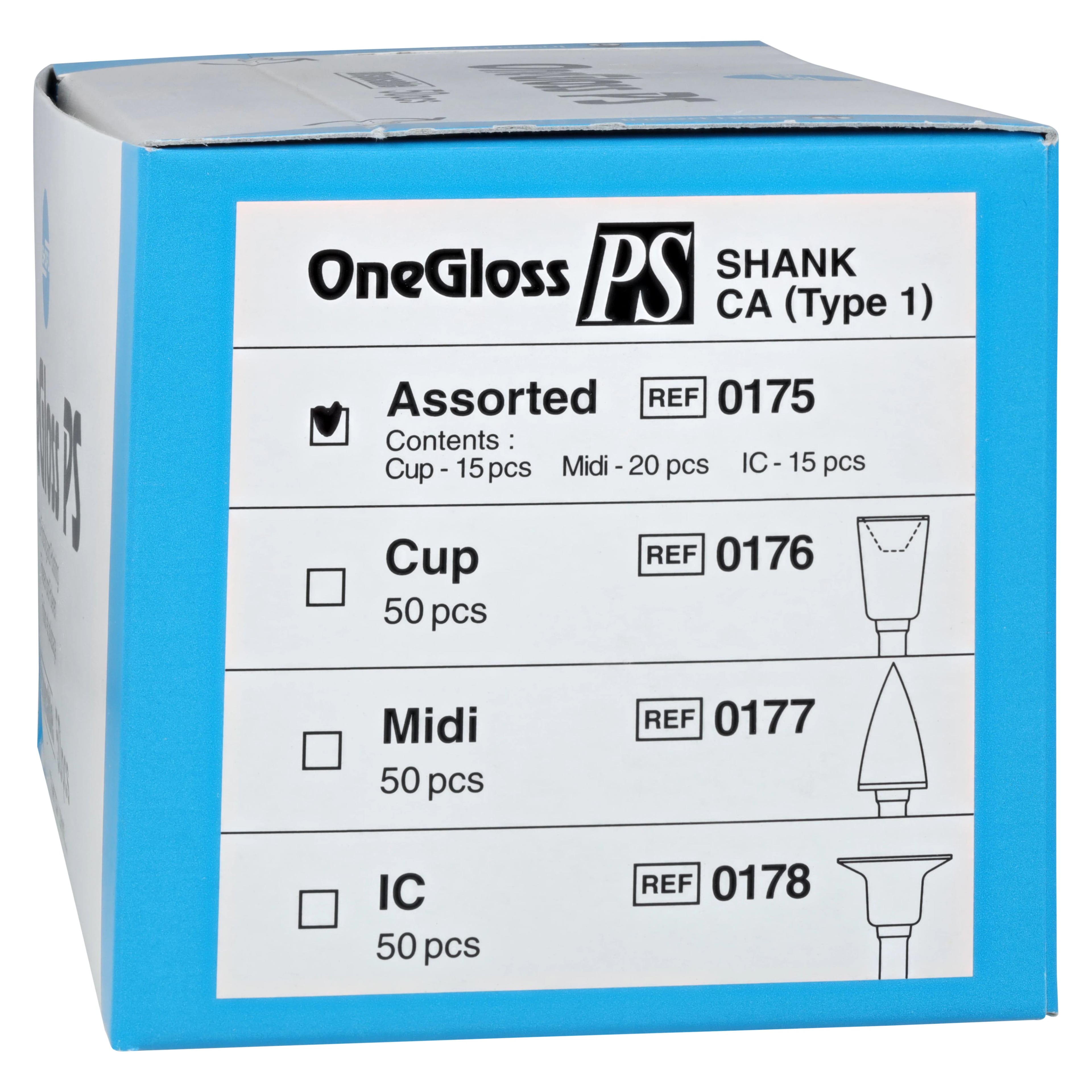 OneGloss PS Assorted Finishing & Polishing Kit, Plastic Shank, 15 Cups, 15 IC, 20 Midi-Points, 50/Pk, 0175