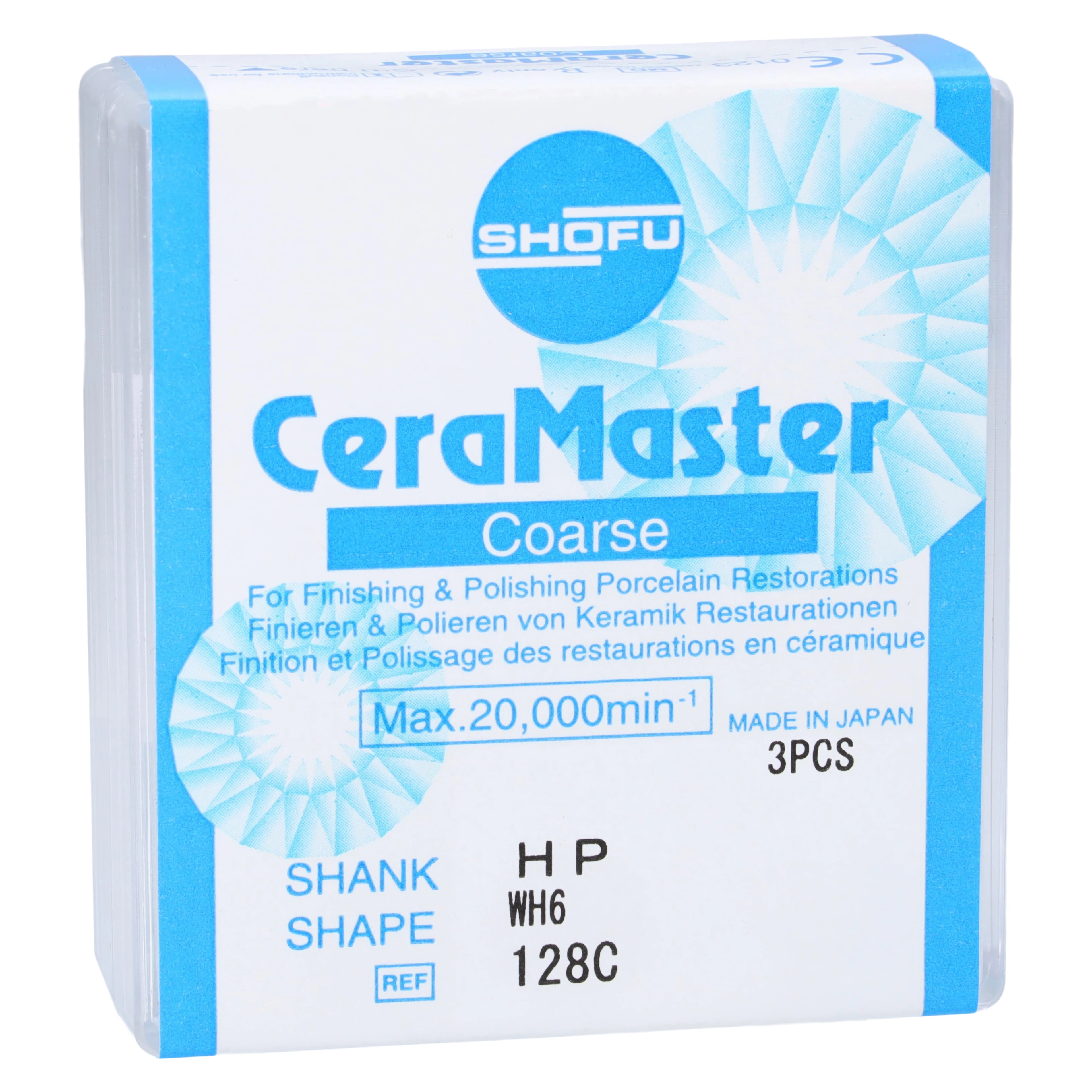Shofu CeraMaster Coarse Diamond-Impregnated Polisher, HP, Wheel WH6, ISO #120, Coarse Grit, Blue/White, 3/Pkg, 128C
