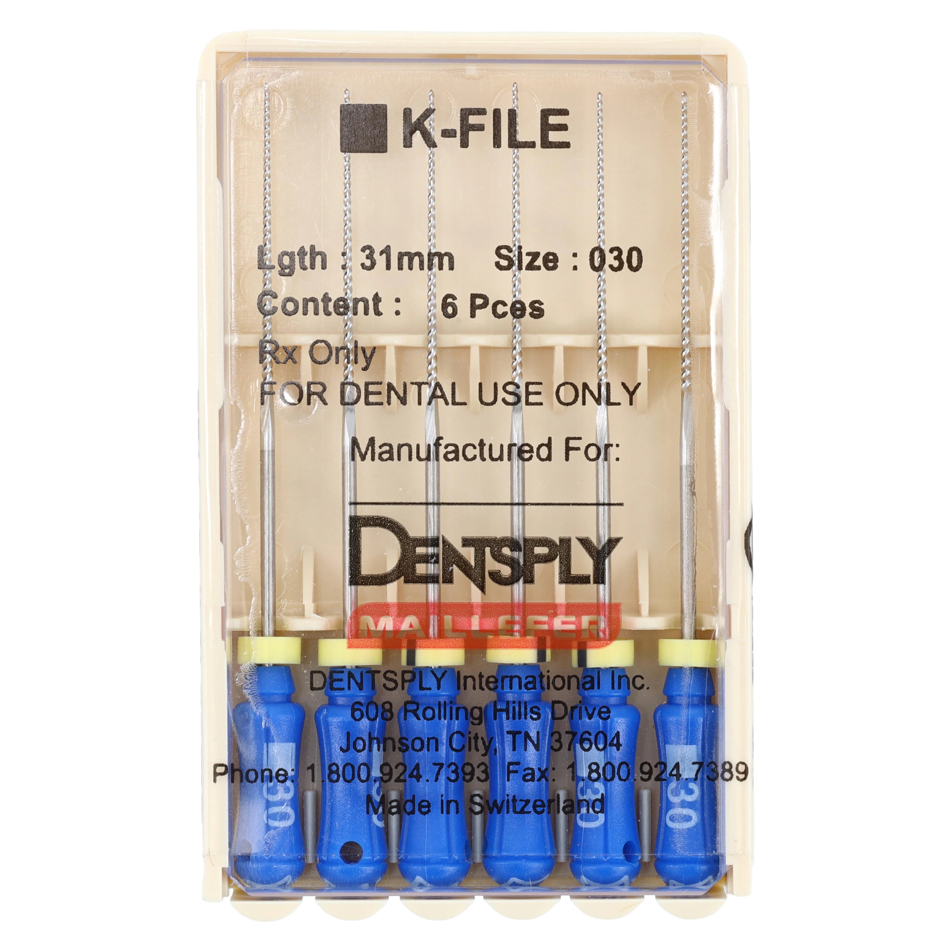 Maillefer Stainless Steel K-Files, Size 30, 31 mm, Blue, 6/Pack, 671165