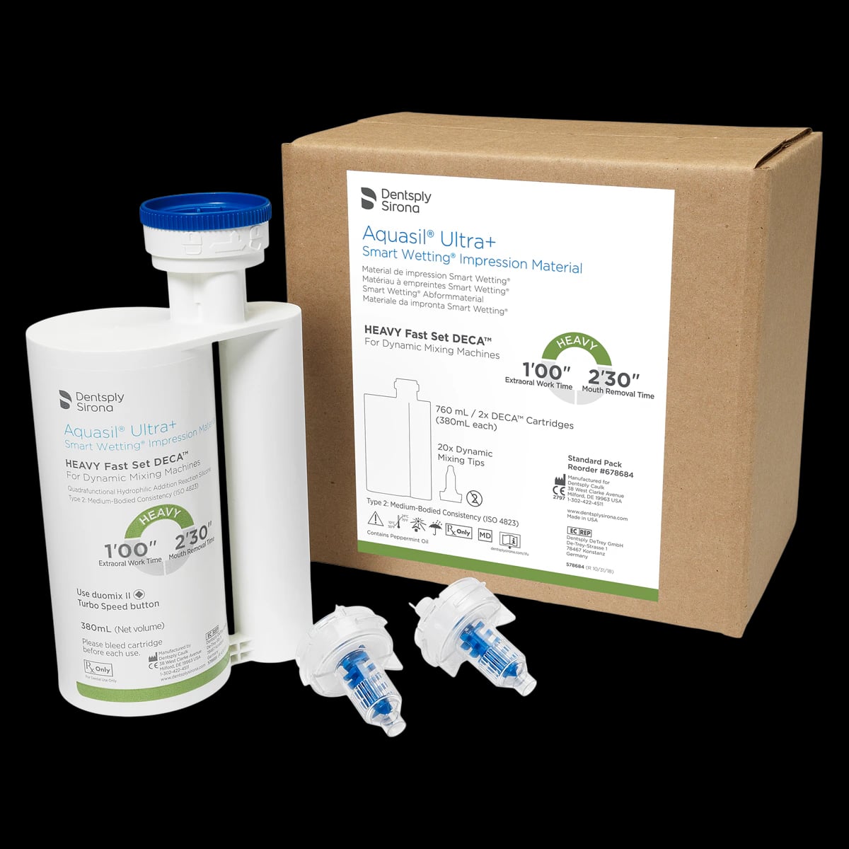Aquasil Ultra+ DECA Smart Wetting VPS Impression Material, Heavy Body, Fast Set, Light Green, Mint, 380 mL, 2/Pk, 678684