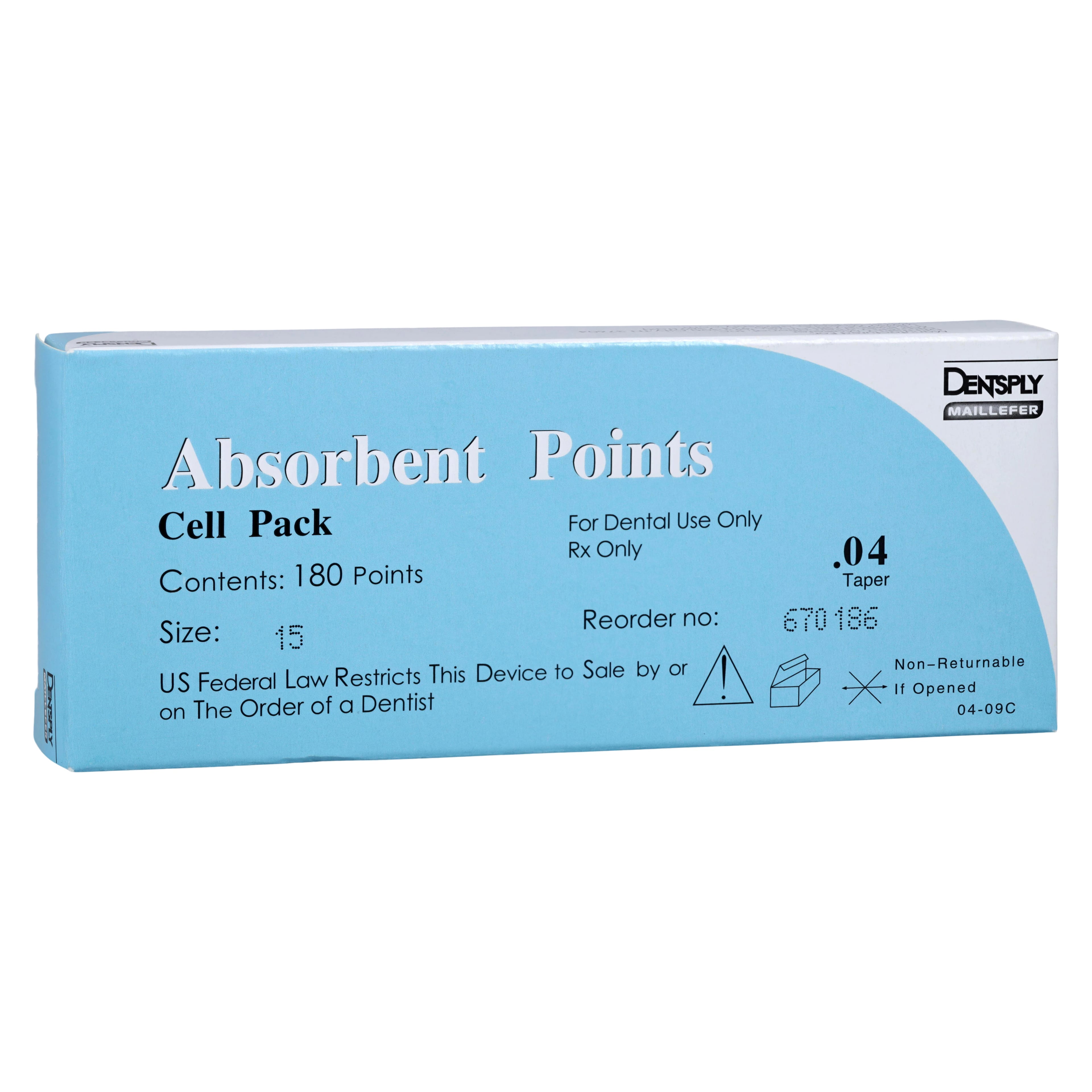 Dentsply Maillefer Absorbent Paper Points, Sterile, .04 Taper, ISO #15 (White), 180/Pack, 670186
