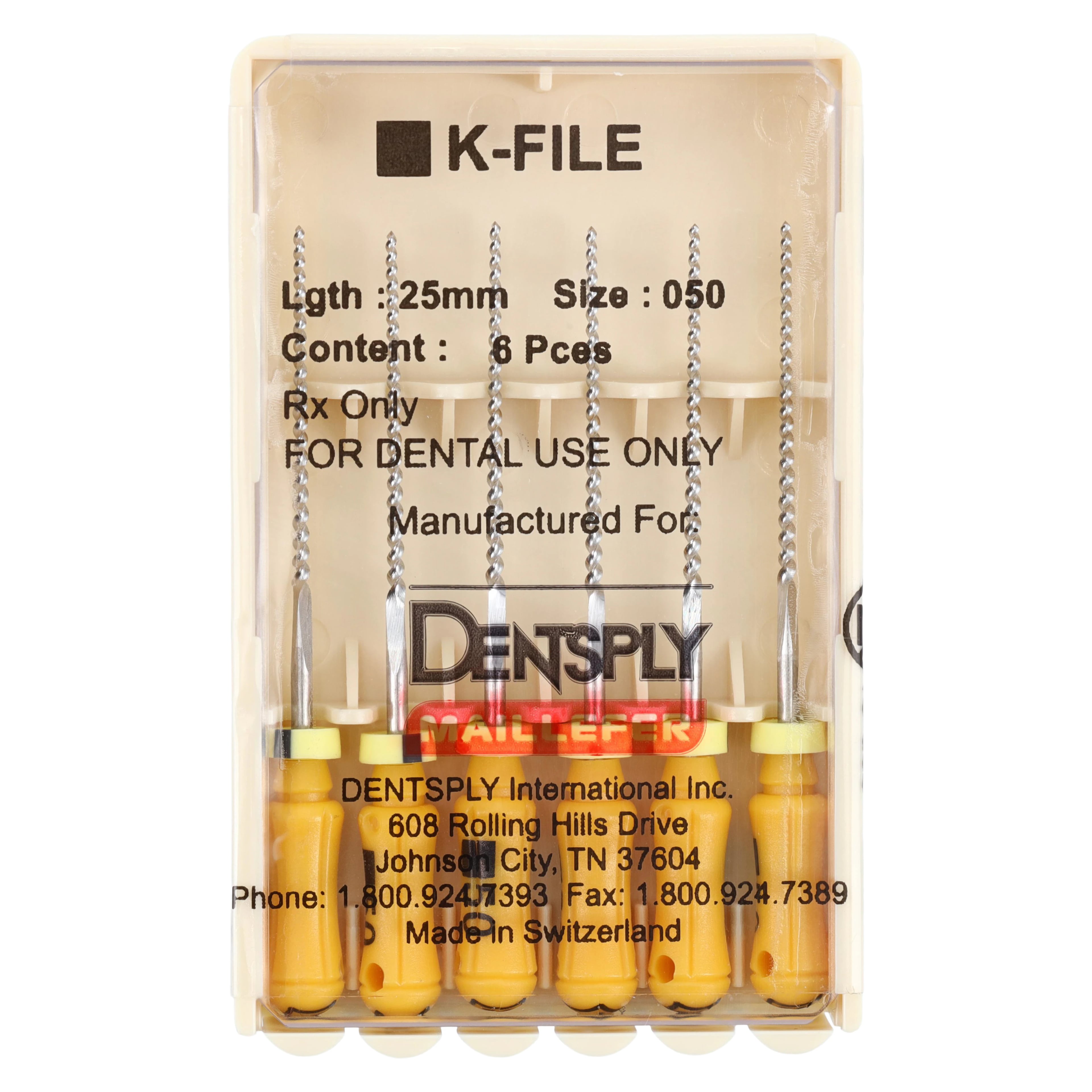 Dentsply Maillefer K-File, Stainless Steel, 25 mm, #50, Yellow, 6/Pk, 671139