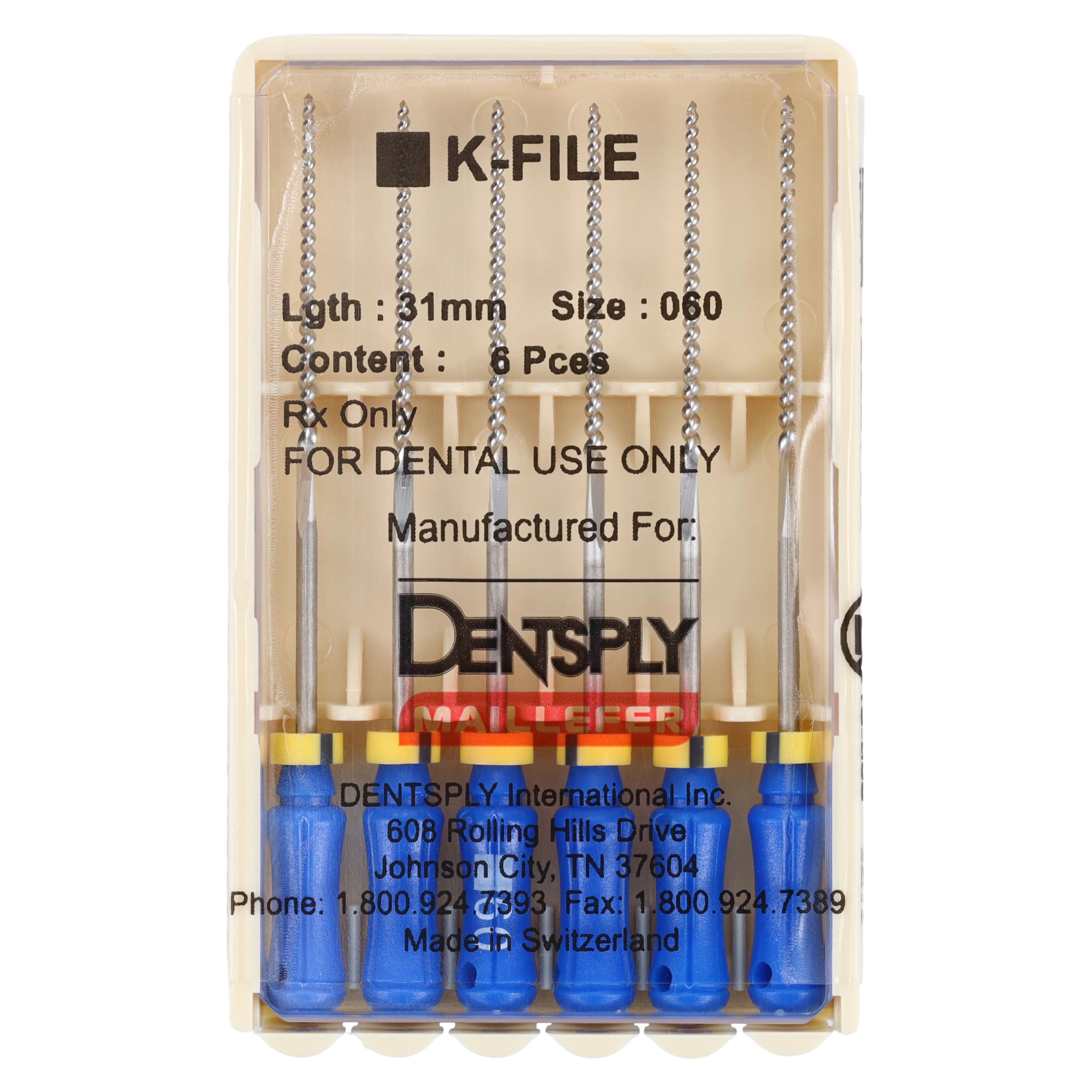 Dentsply Maillefer K-File Stainless Steel, Size #60, 31mm, Blue, 6/Pk