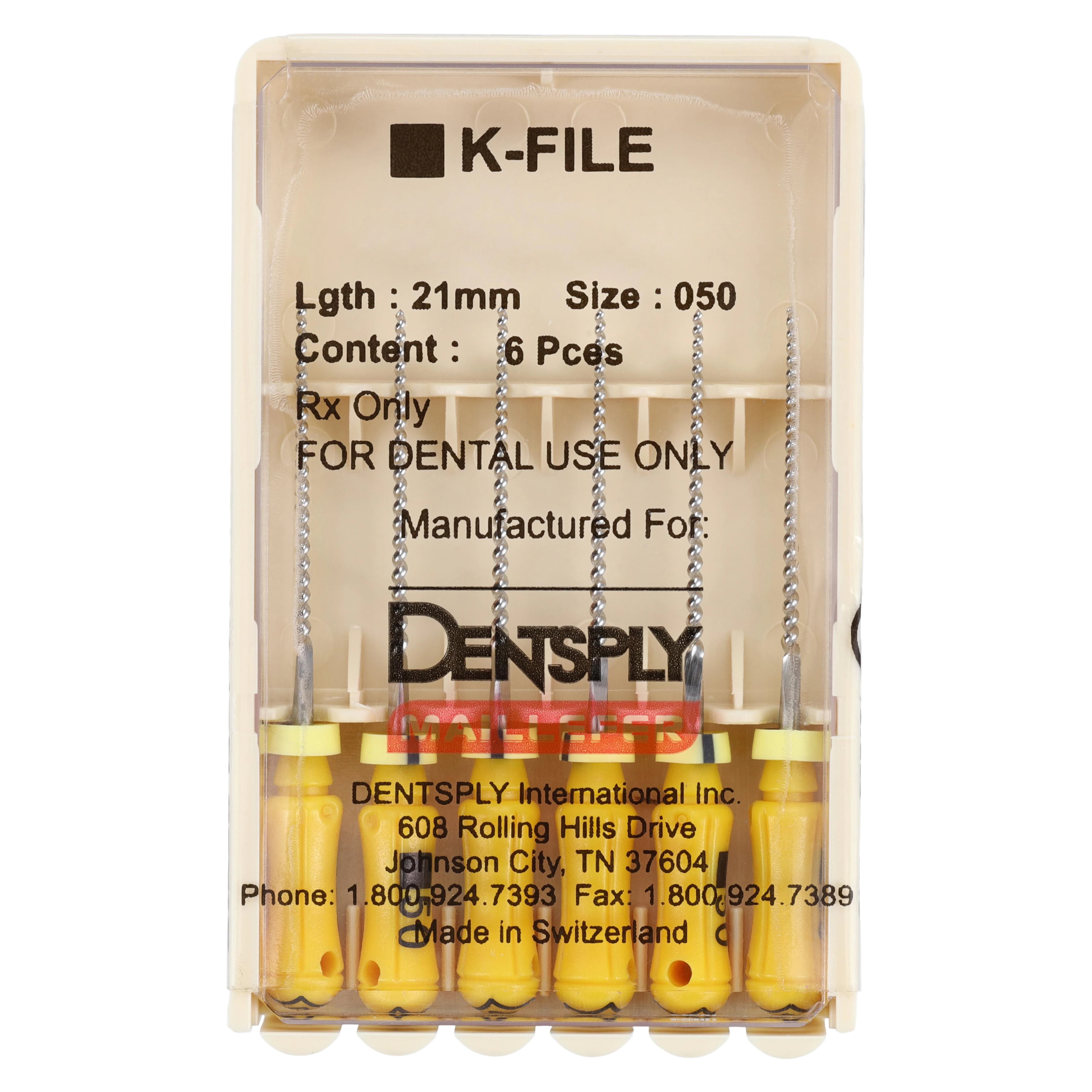 Dentsply Maillefer K-Files, Stainless Steel, 21 mm, #50, Yellow, 6/Pk, 671109