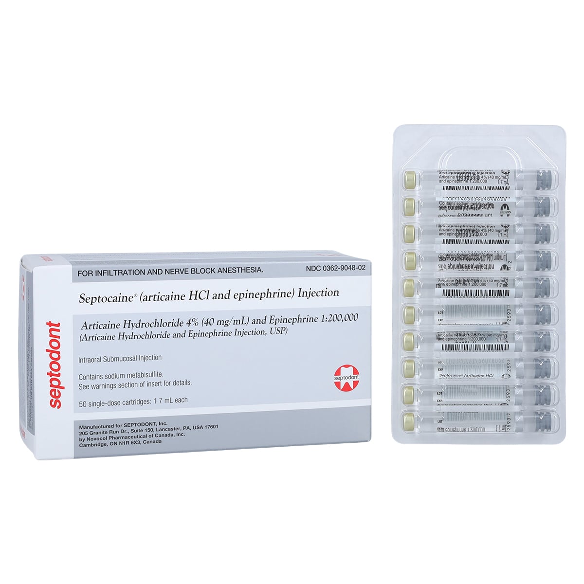 Septocaine Articaine HCl 4% with Epinephrine 1:200,000, Silver, 1.7 mL Cartridges, 50/Box, 01A1200