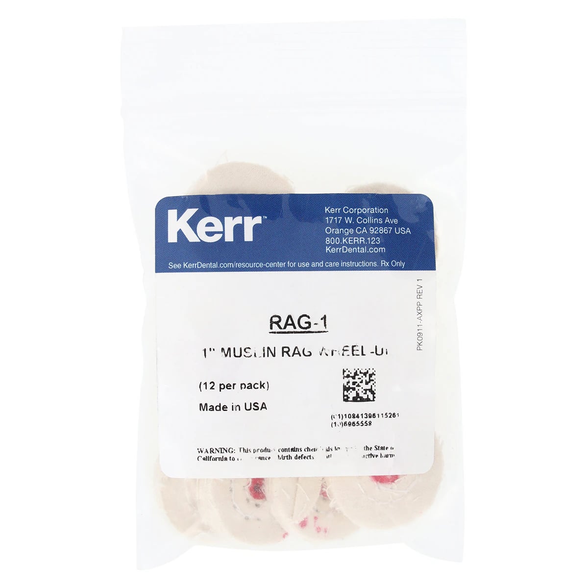 Kerr RAG-1 Muslin Rag Wheel, Unmounted, 1", 12/Pk