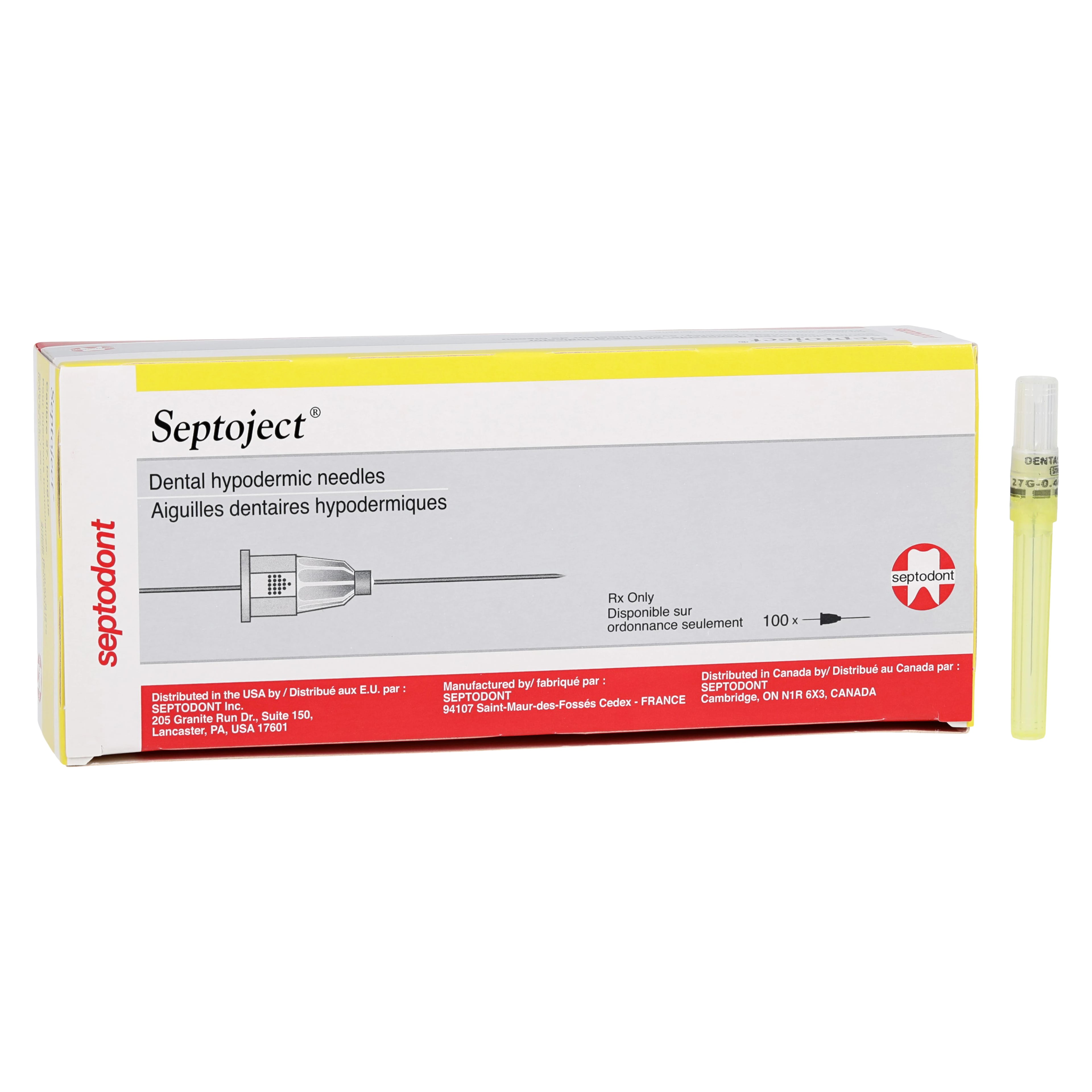 Septoject Dental Hypodermic Needles, Plastic Hub, 27 Gauge, Long, Yellow, 100/Box, 01-N1272