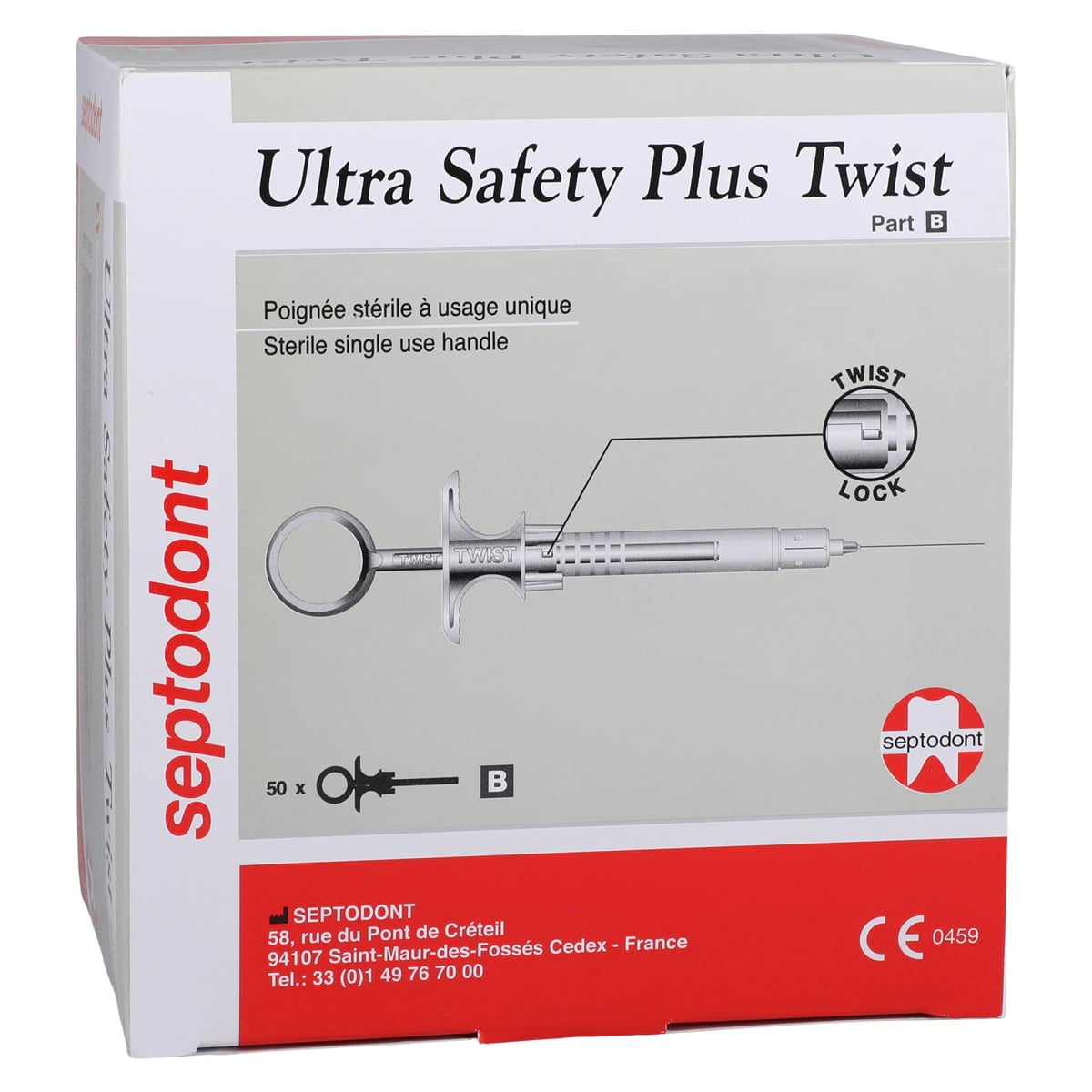 Septodont Ultra Safety Plus Twist XL Pre-Sterilized Single-Use Syringe Handles, White, 50/Box, 01N3500