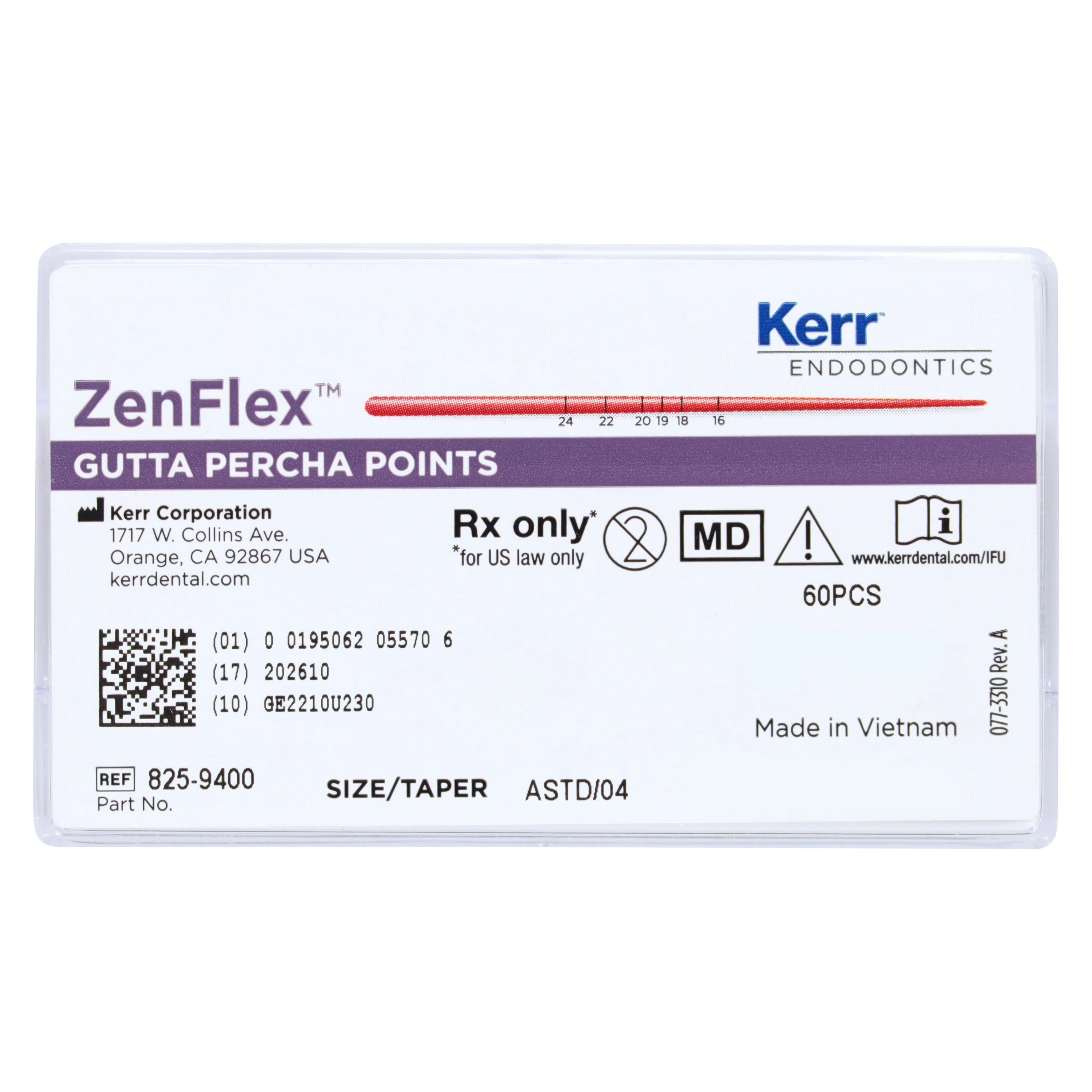 ZenFlex Gutta Percha Points, Assorted Sizes #20-45, .04 Taper, ISO Color-Coded, 60/Pk, 825-9400
