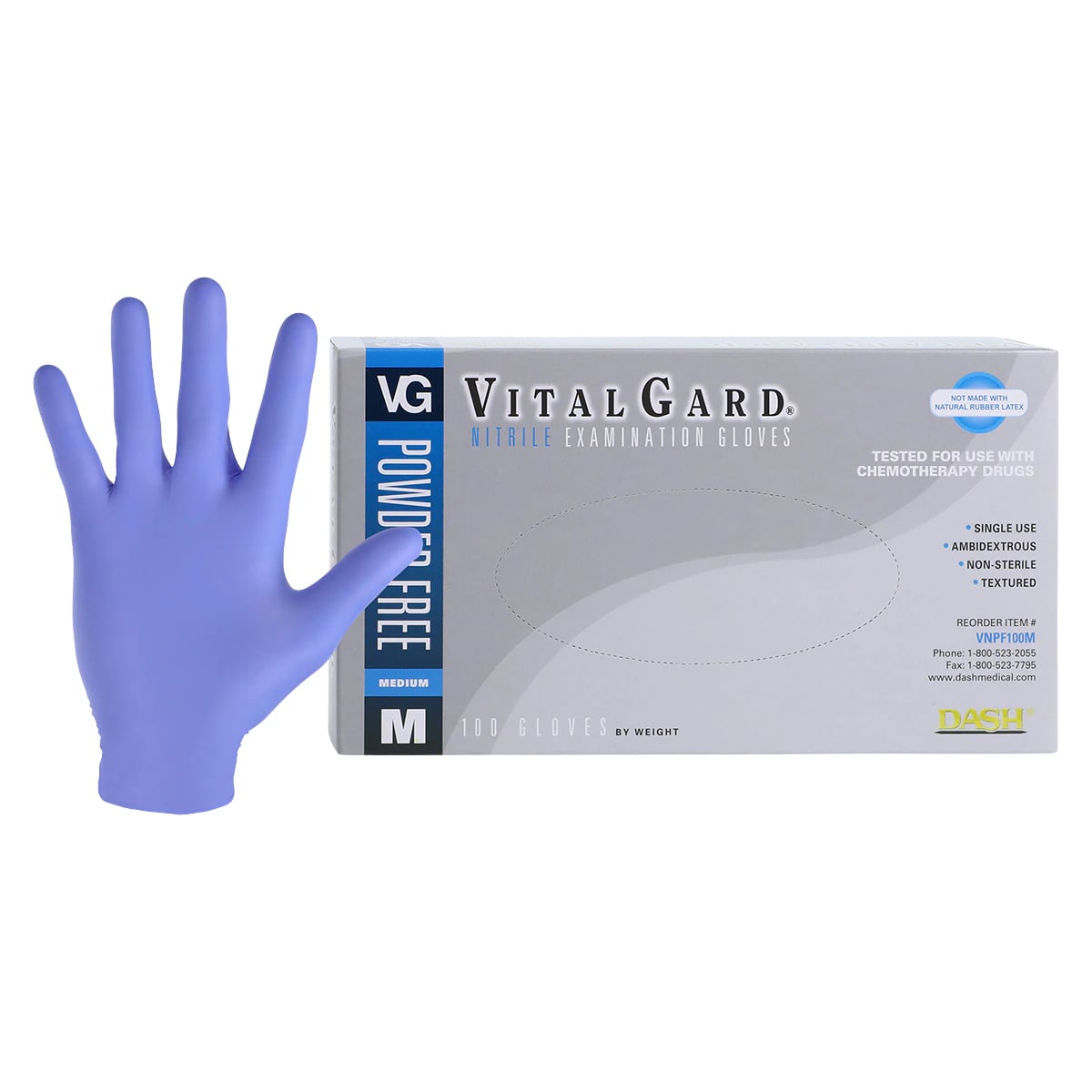 VitalGard Nitrile Exam Gloves, Powder Free, Latex Free, Non-Sterile, Blue, Medium, 100/Box, VNPF100M